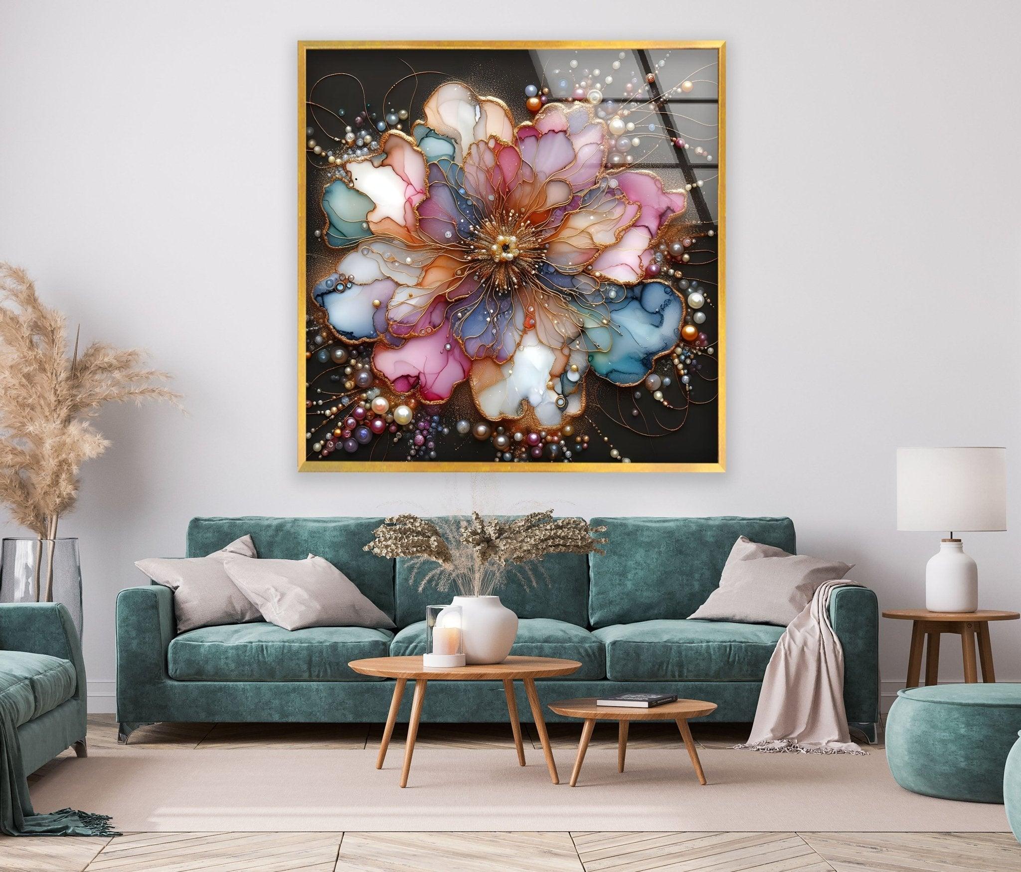 Abstract Floral Pearl Glass Wall Art - Elegant Home Decor for Living Room, Bedroom & Office - Perfect Gift for Housewarming & Wedding