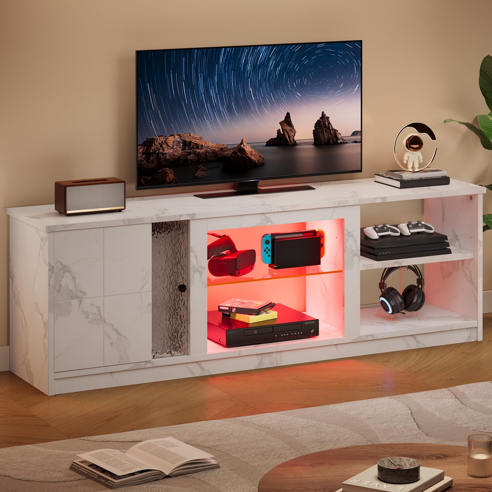 63-Inch White Modern LED TV Stand for 70/55/65 Inch TVs - Gaming Entertainment Center with Adjustable Glass Shelves & Storage Cabinet - Perfect for Living Room, Bedroom, PS5, Xbox - Ideal for Home Theater Setup & Console Gaming