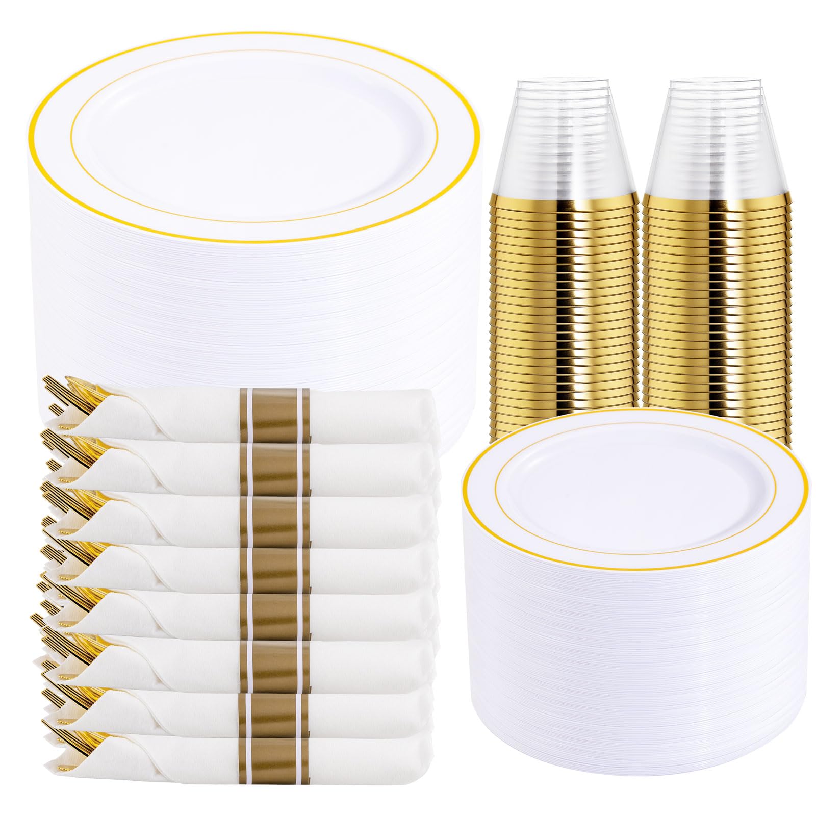 DaYammi 350-Piece Gold Plastic Dinnerware Set for 50 Guests - Elegant Disposable Plates, Cups, Silverware & Napkins for Parties, Weddings, Events - Includes 50 Dinner Plates, 50 Dessert Plates, 50 Cups & 50 Pre-Rolled Napkins with Gold Cutlery - Perfect for Birthday Celebrations, Bridal Showers & Holiday Gatherings
