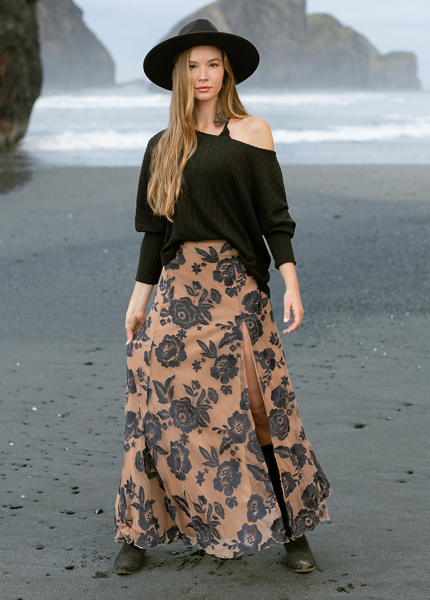 Allurah Skirt in Charcoal - Women's Flowy Midi Skirt with Pockets | Perfect for Casual Wear, Office Outfits & Date Nights