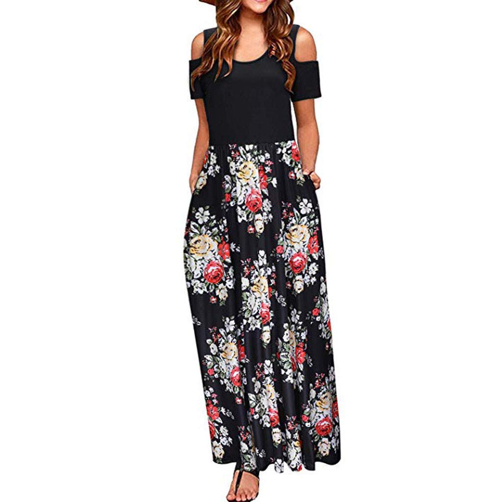 Elegant Maxi Shoulder Dress for Women - Floral Print Long Dress with Pockets, Modest Summer Dress for Casual Outings, Beach Vacations, and Special Occasions