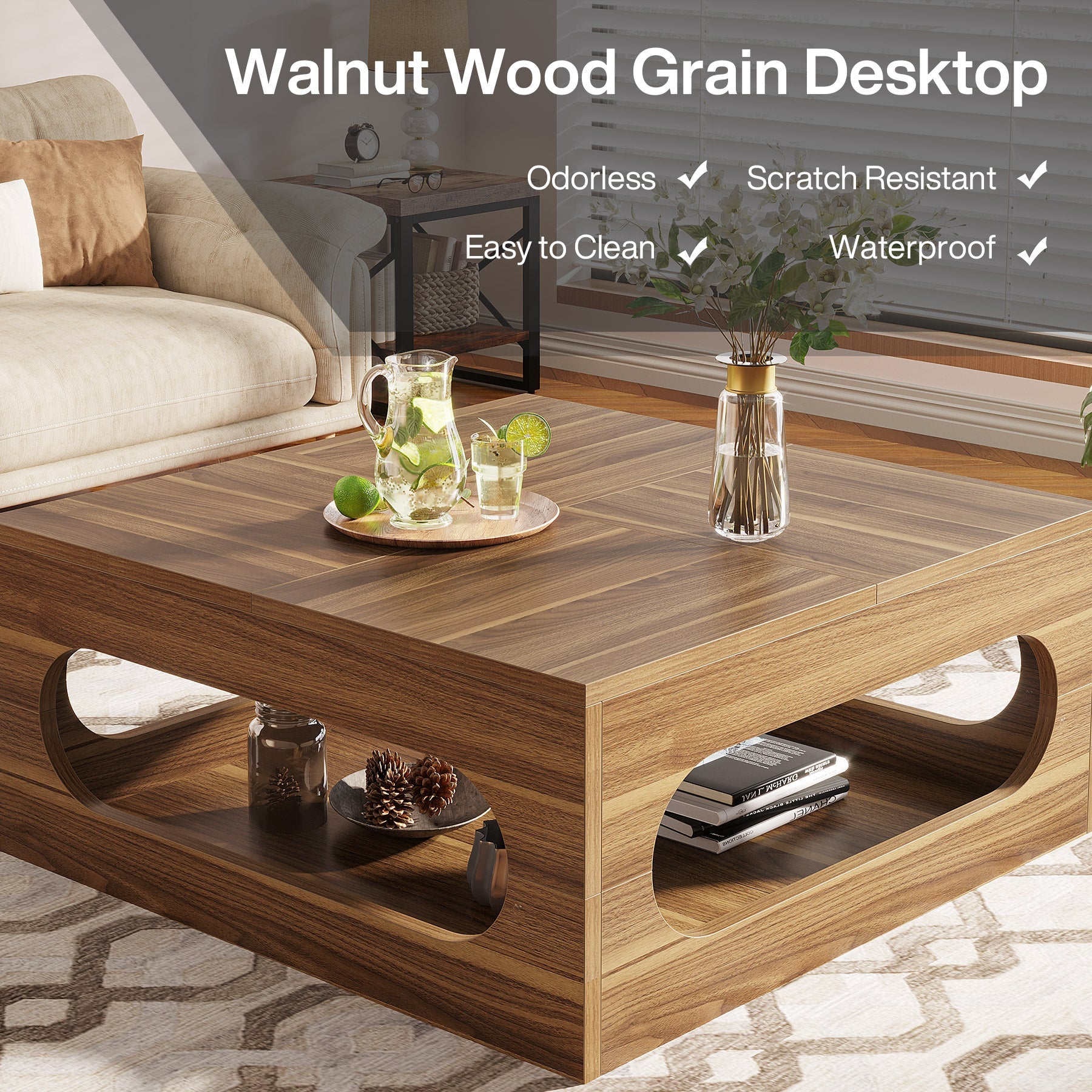 2-Tier Wooden Coffee Table with LED Strip Lights - Modern Square Center Tea Table for Living Room, Bedroom & Office Decor