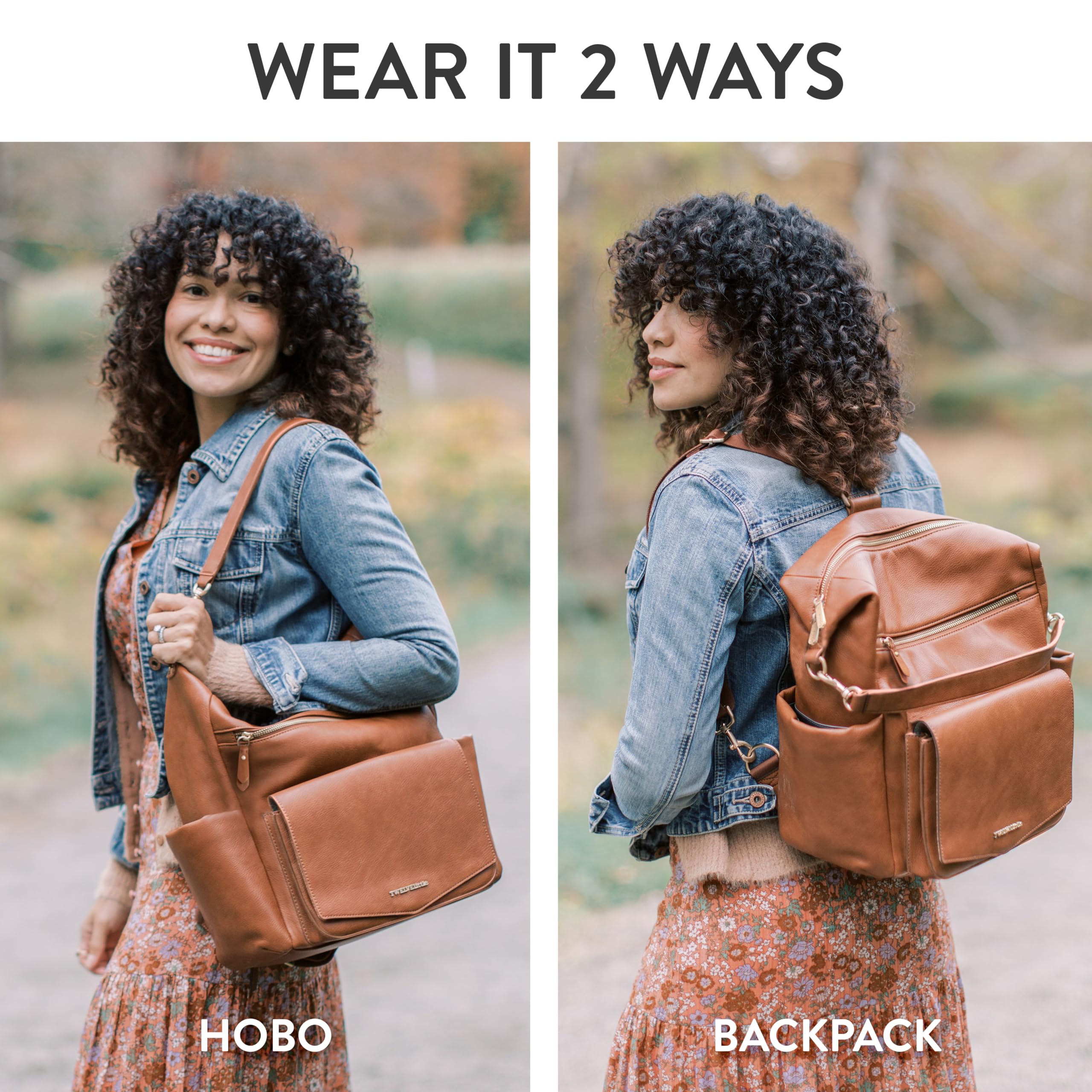 TWELVElittle Peek A Boo Convertible Hobo Diaper Bag Backpack with Changing Pad, Wipes Case & Stroller Clips - Vegan Leather Toffee - Perfect for Moms, Travel & On-the-Go Baby Care