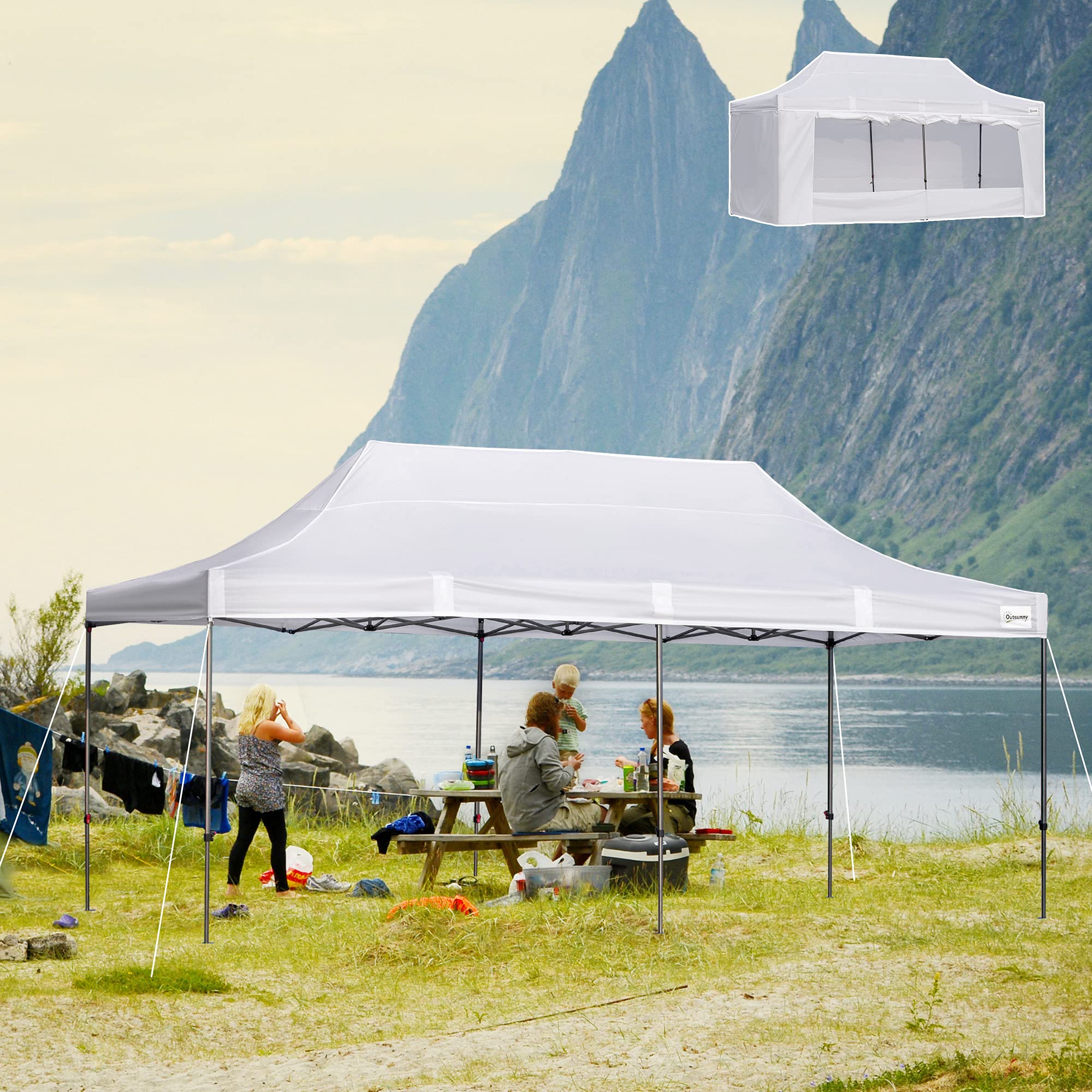 Outsunny 10' x 20' Pop Up Canopy Tent with Removable Sidewalls & Doors - Instant Shelter for Outdoor Parties, Events, Camping - Includes Wheeled Carry Bag & Height Adjustable Frame - Perfect for Backyard, Garden, Patio, Beach & Tailgating - White