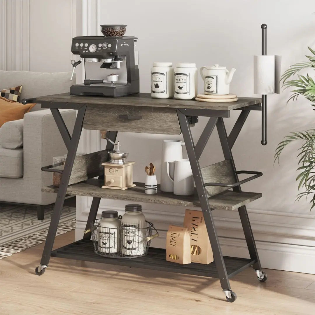 Bestier Coffee Bar Stand with Drawer - Rustic Kitchen Island Cart for Espresso Machine & Coffee Maker - Perfect for Small Kitchen, Breakfast Nook or Home Bar Setup