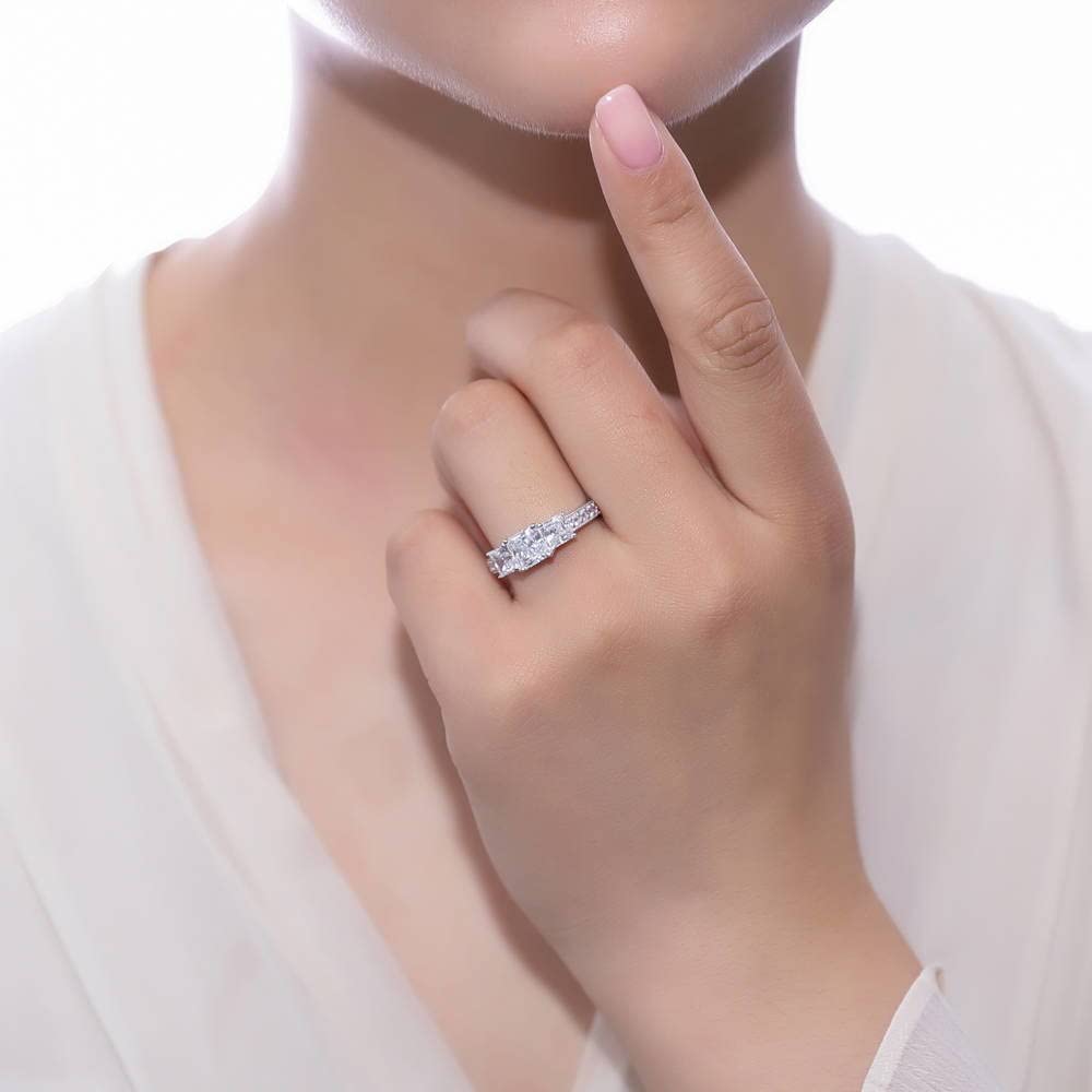 BERRICLE Sterling Silver 3-Stone Princess Cut Cubic Zirconia Engagement Ring for Women - 1.6 Carat CZ Wedding Promise Ring, Rhodium Plated, Size 4-10 - Perfect for Proposals, Anniversaries & Special Occasions