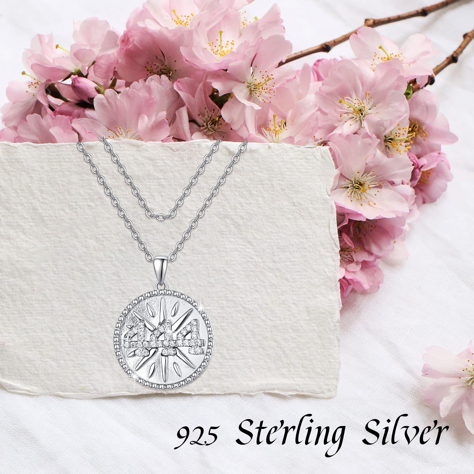 TUGHRA 444 Coin Pendant Necklace - 925 Sterling Silver Angel Number Jewelry for Women, Layered Necklace for Valentine's Day, Birthday Gifts for Wife | Spiritual Protection & Everyday Elegance