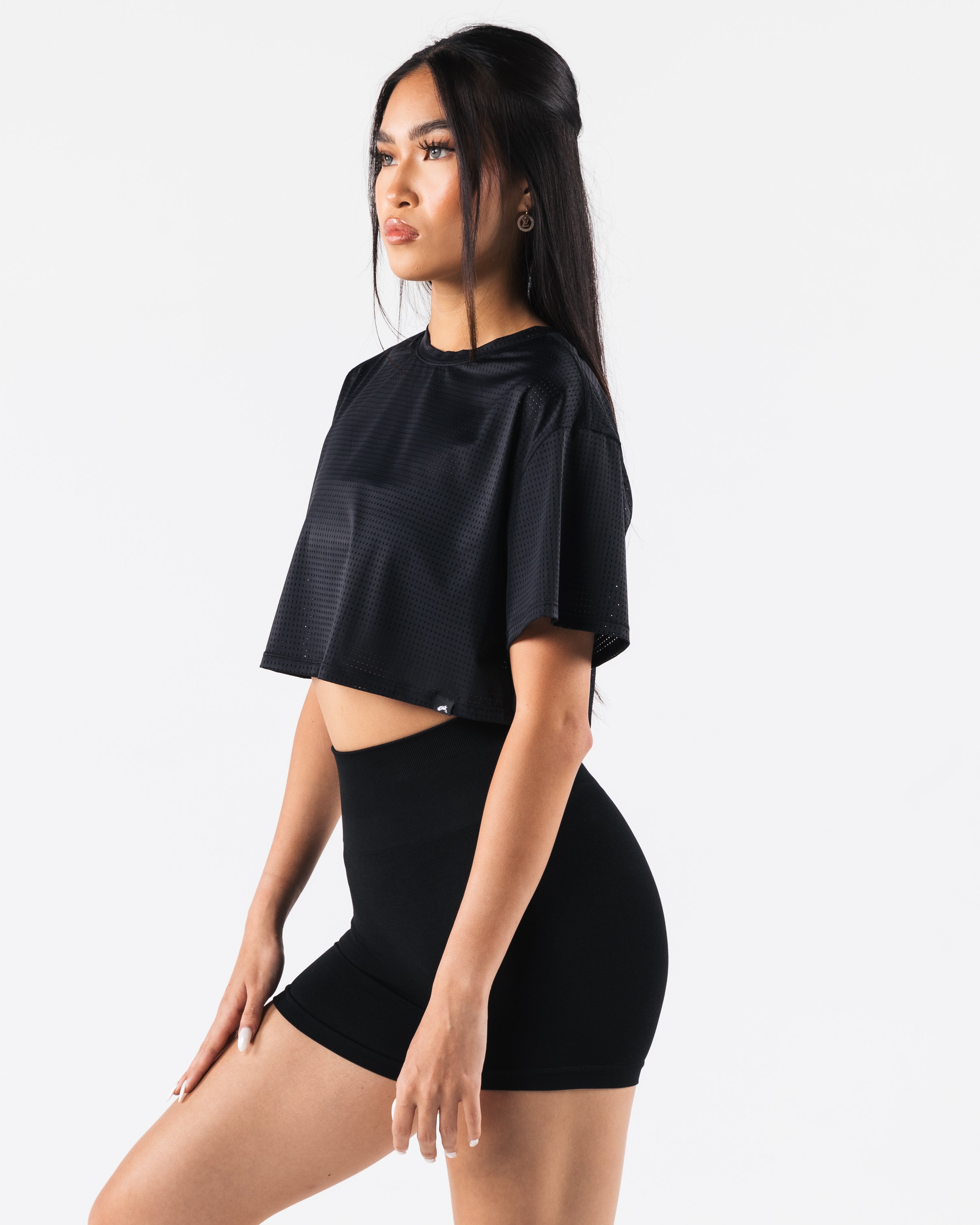 Margo Mesh Crop Tee - Women's Fashion Black Short Sleeve T-Shirt for Summer, Gym, and Streetwear Outfits