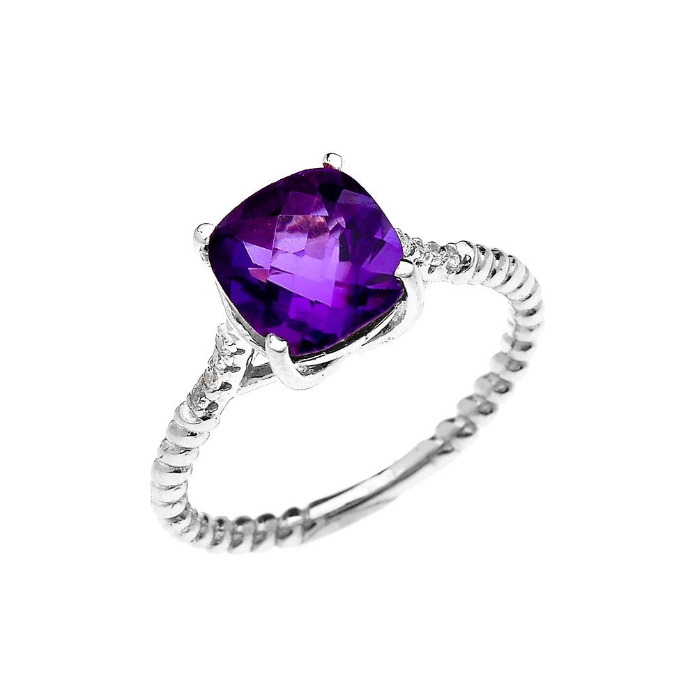 14K White Gold Dainty Diamond & Cushion Solitaire Quartz Checkerboard Amethyst Rope Design Engagement Ring - Elegant Promise Ring for Women, Perfect for Proposals, Anniversaries & Special Occasions