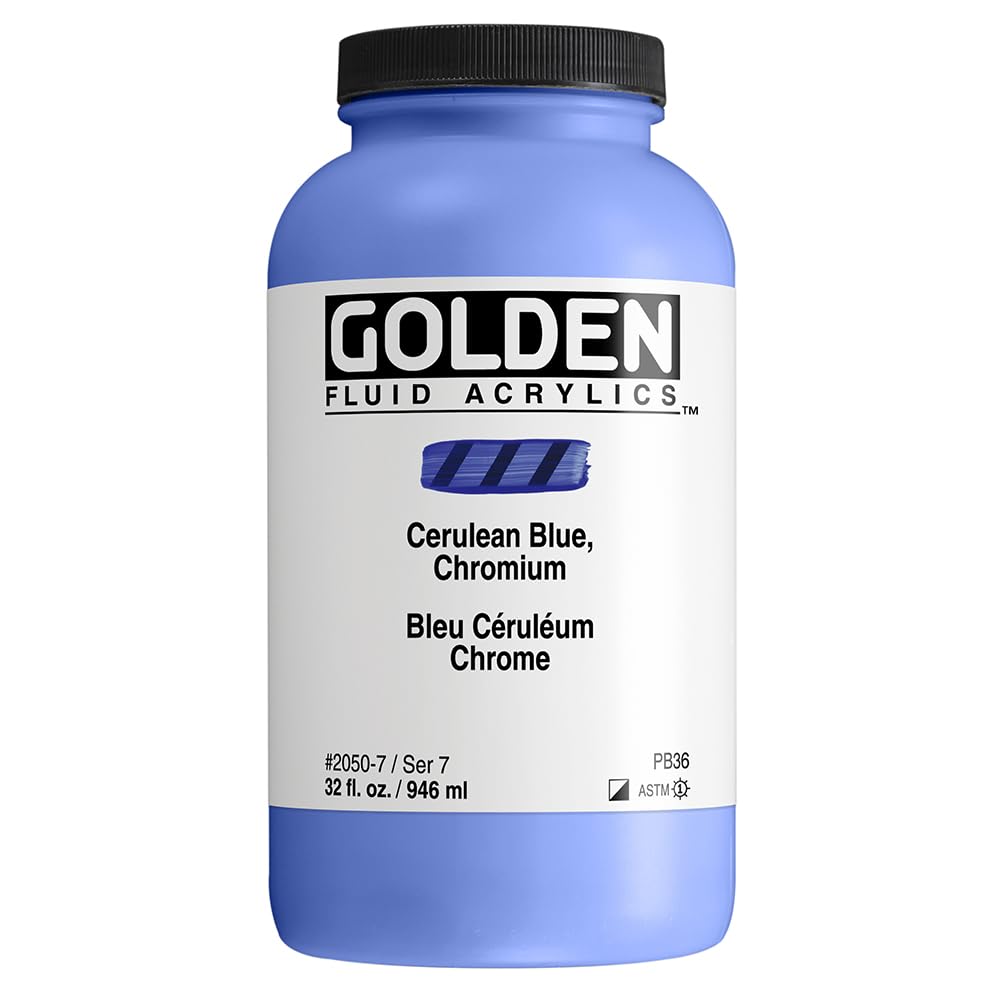 GOLDEN Fluid Acrylic Paint - Cerulean Blue Chromium (32 fl. oz) | Professional Grade Semi-Opaque Acrylics for Artists | Perfect for Canvas Painting, Airbrushing & Mixed Media Art