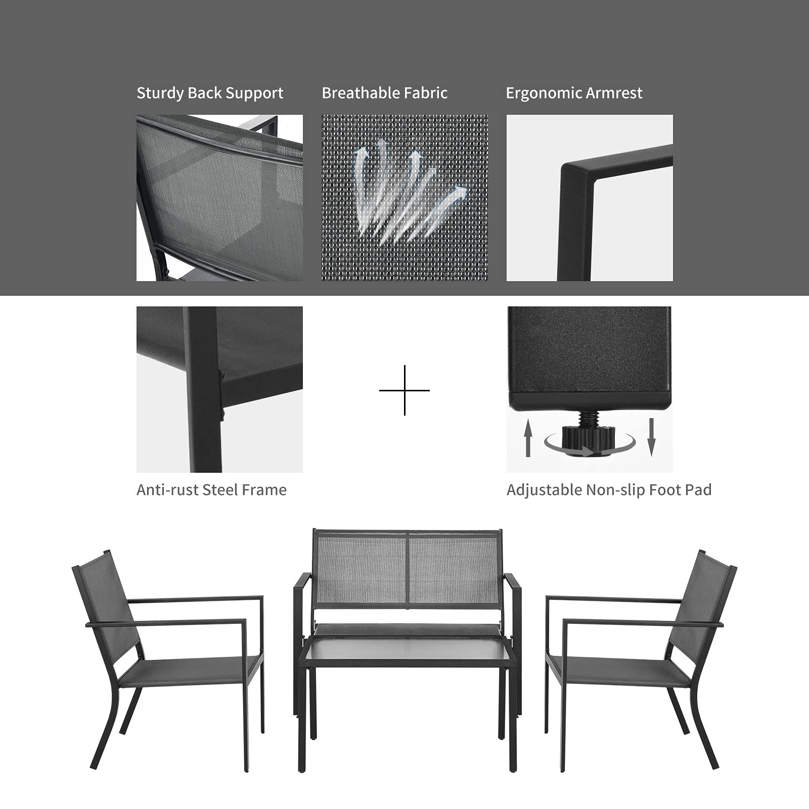 Tangkula 4-Piece Outdoor Patio Furniture Set - Grey Wicker Sectional Sofa with Glass Coffee Table - Weather-Resistant Garden Conversation Set for Backyard, Porch, Balcony & Poolside Relaxation