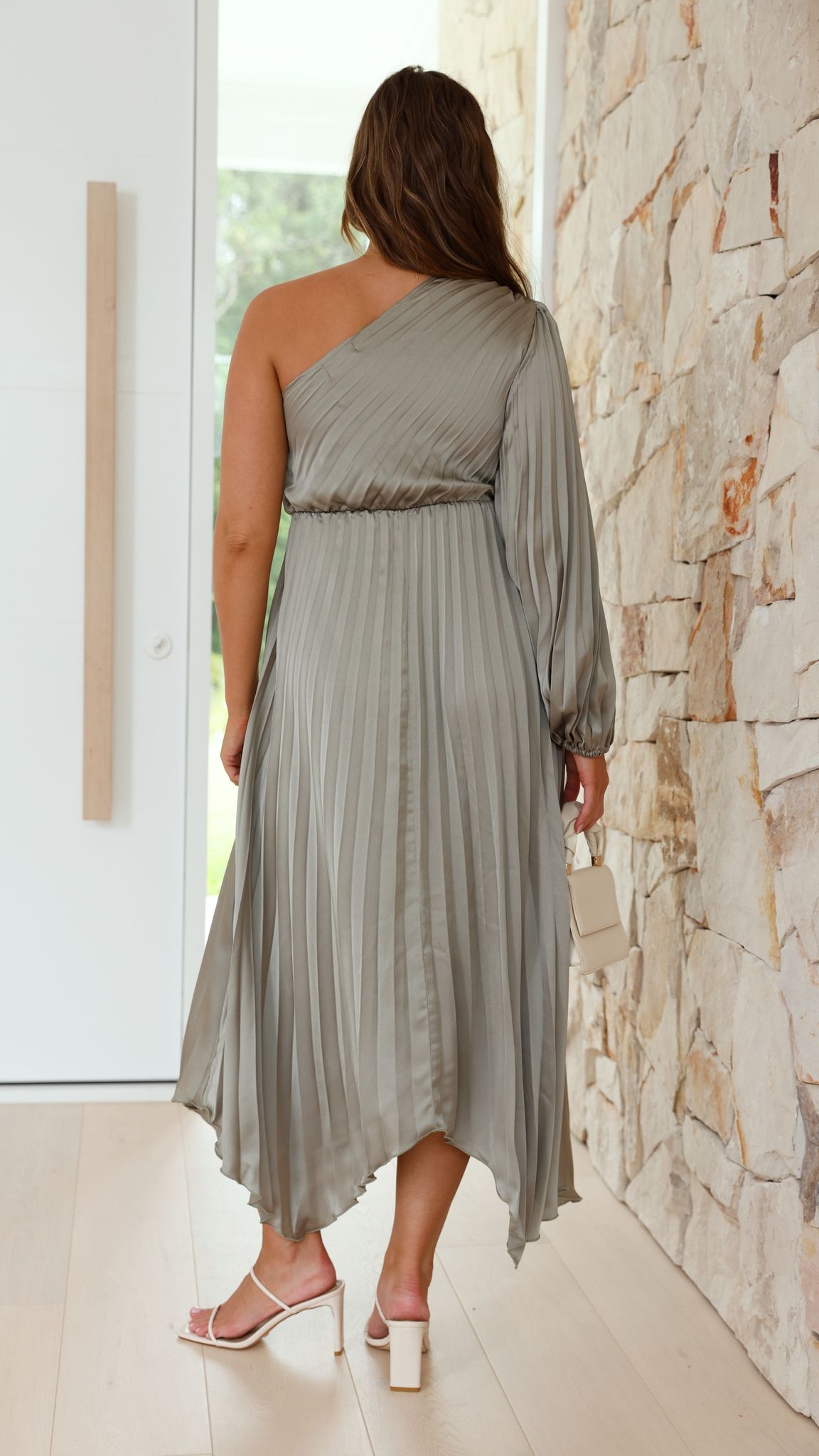 Brooklyn One Shoulder Midi Dress in Olive - Elegant Women's Summer Cocktail Party & Wedding Guest Dress