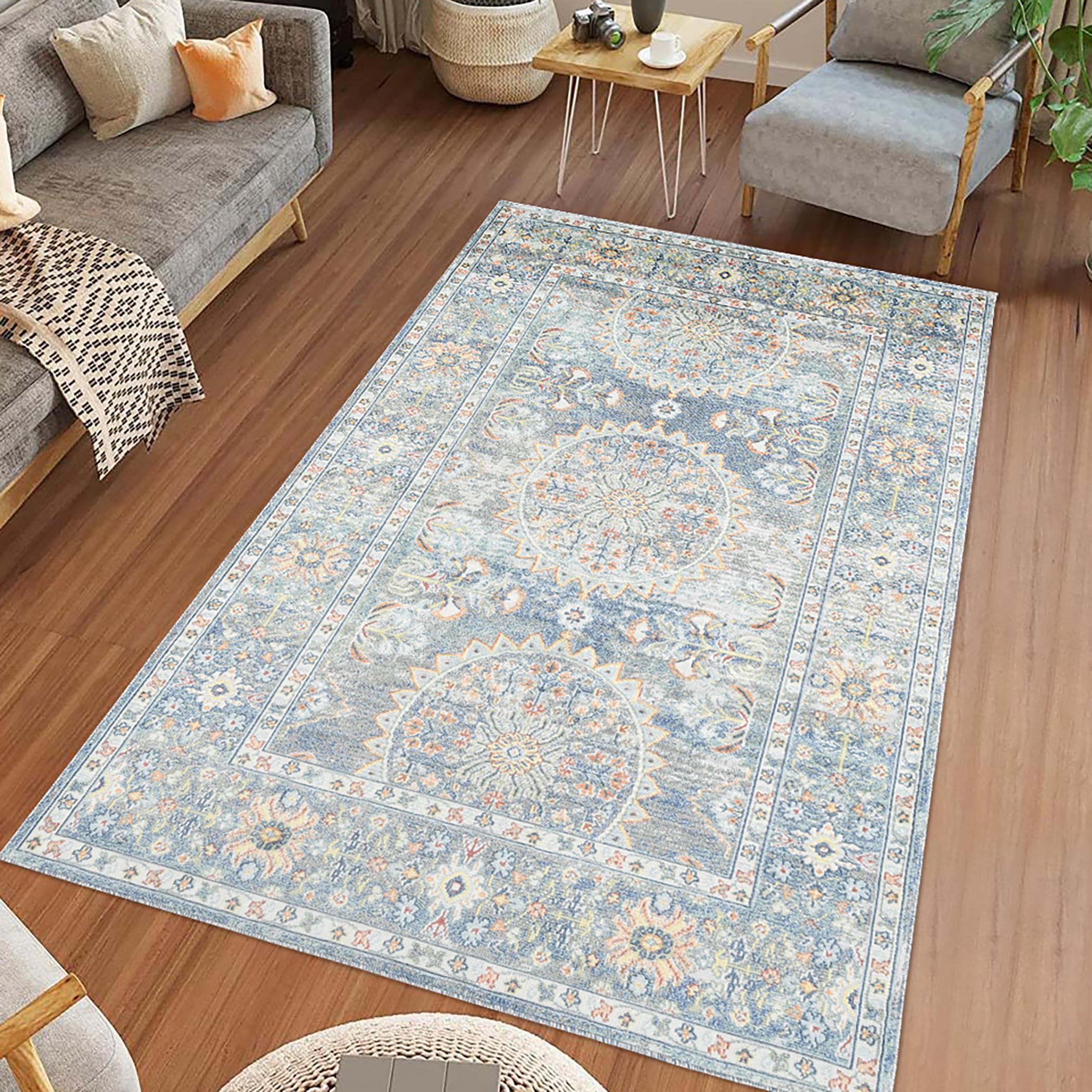AMER Rugs Bohemian Marco Collection 5x7 Indoor/Outdoor Area Rug - Blue | Non-Slip Living Room, Bedroom, Dining Room & Kitchen Rug | Perfect for Boho Home Decor & High Traffic Areas