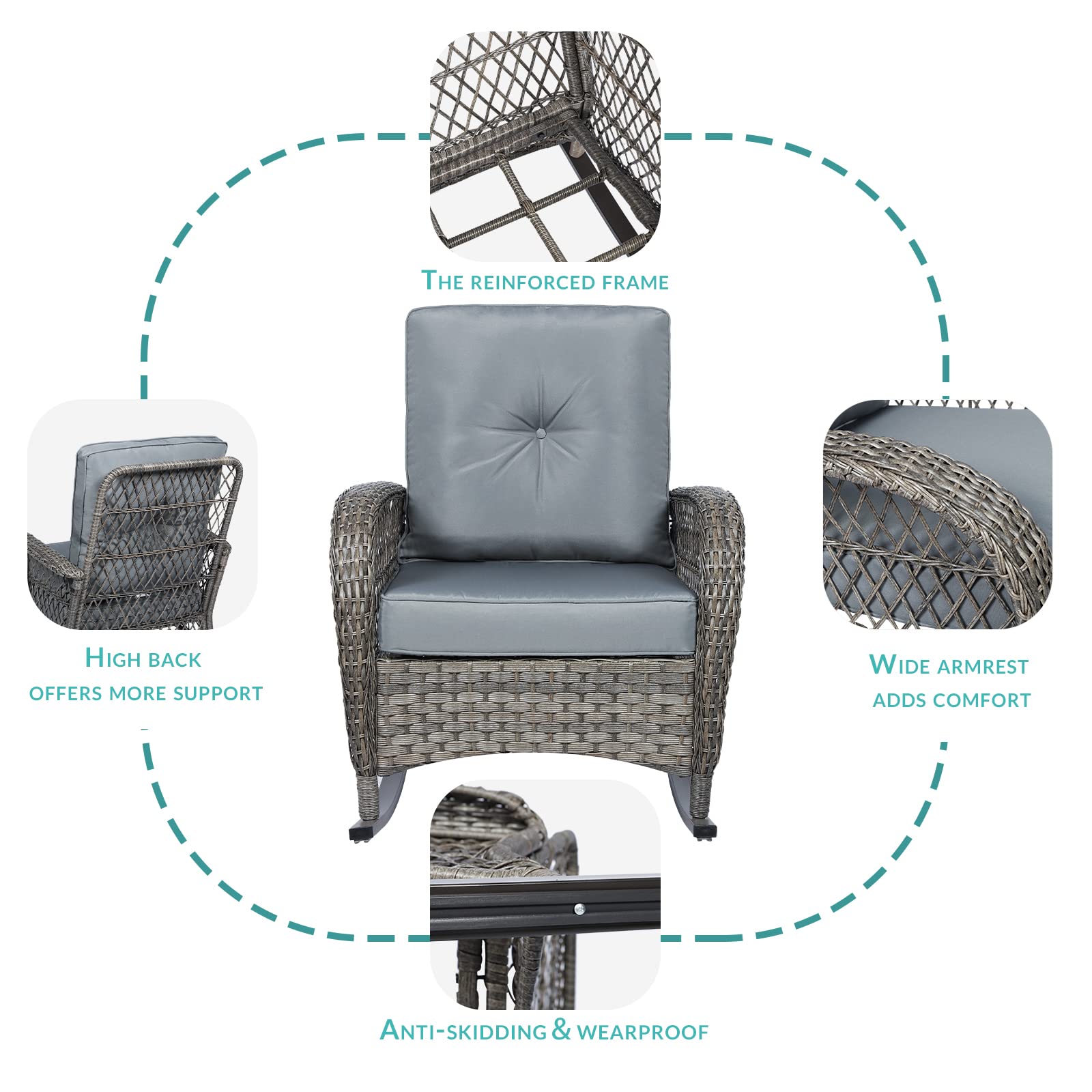 MEETWARM 3-Piece Outdoor Wicker Rocking Chair Set with Cushions & Glass-Top Coffee Table - Gray Rattan Patio Conversation Set for Porch, Backyard, Garden & Poolside Relaxation