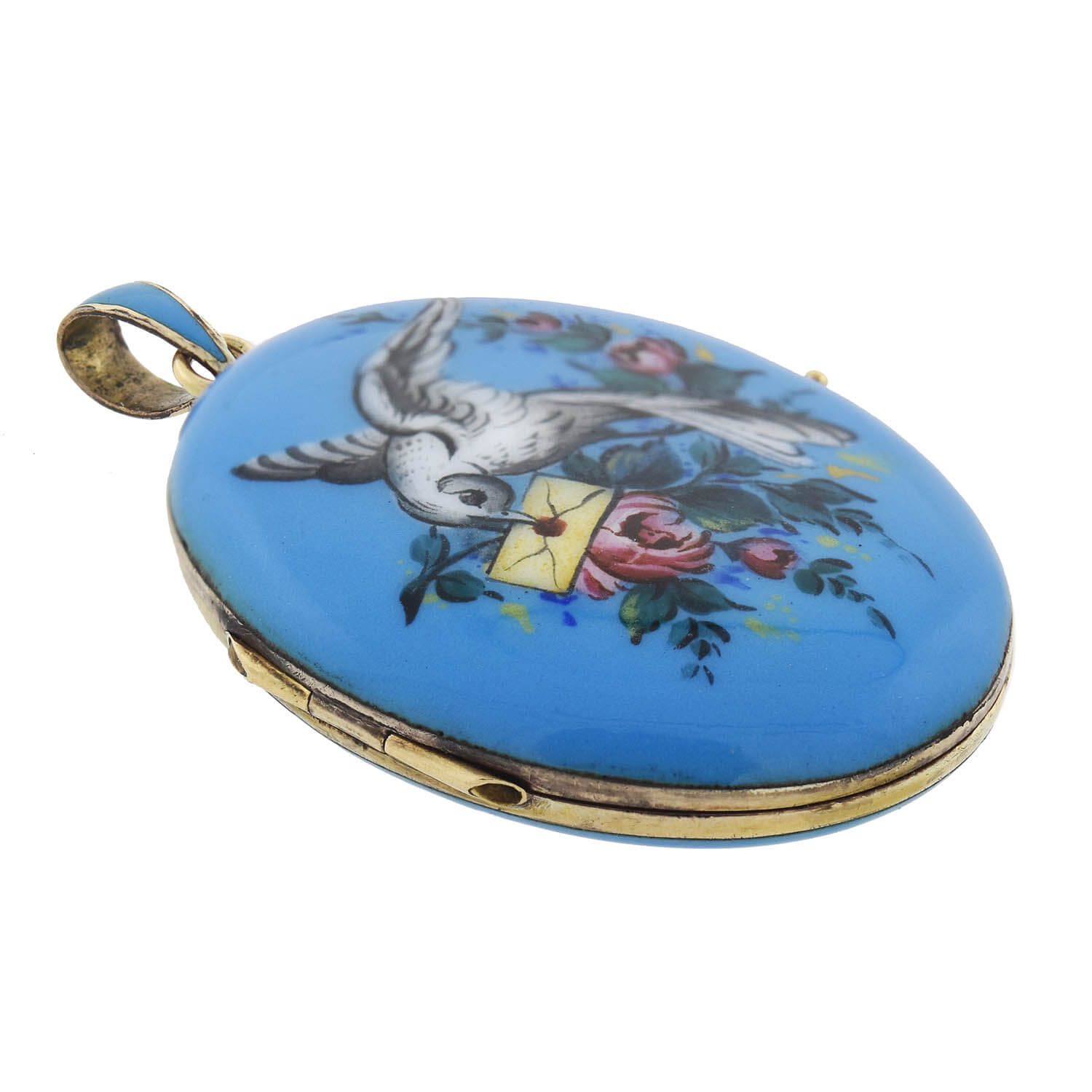 Victorian 14K Gold Hand-Painted Enamel Bird & Love Letter Locket Necklace - Romantic Gift for Her, Valentine's Day, Anniversary & Special Occasions