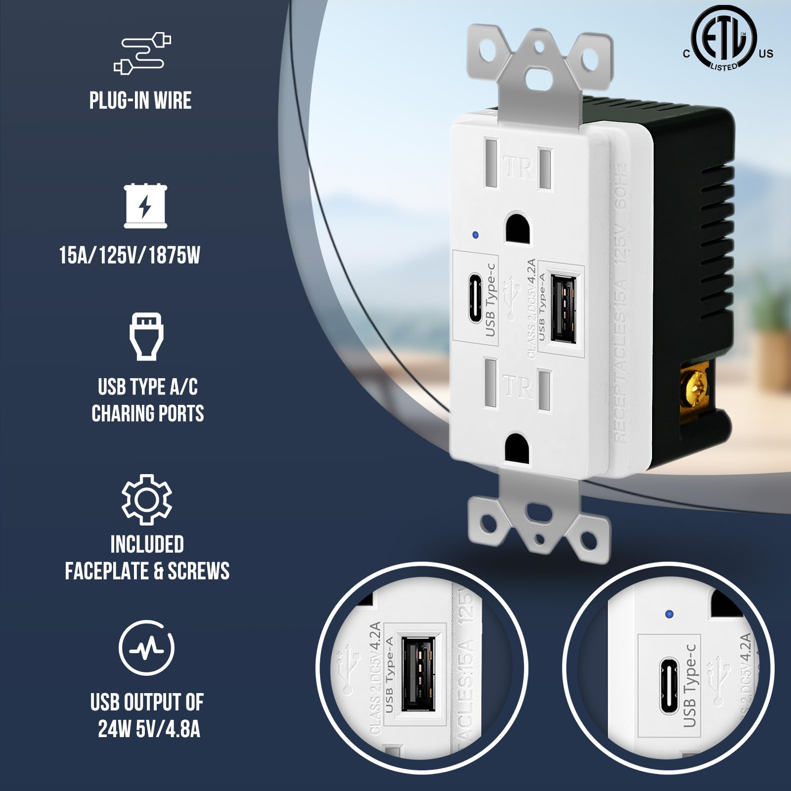 15A USB Type C Charger Outlet - 5 Pack for Apple, Samsung, Google Devices - Home & Office Use