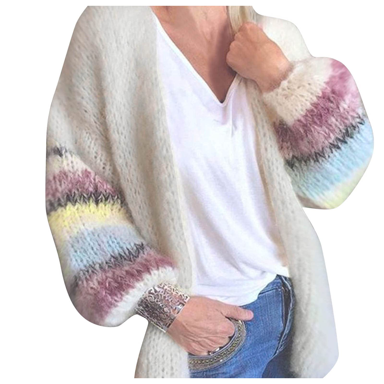 Women's Plus Size 3X Striped Knit Cardigan Sweater - Loose Fit Open Front Long Sleeve Cozy Knitted Coat Top for Casual Outfits & Fall Layering