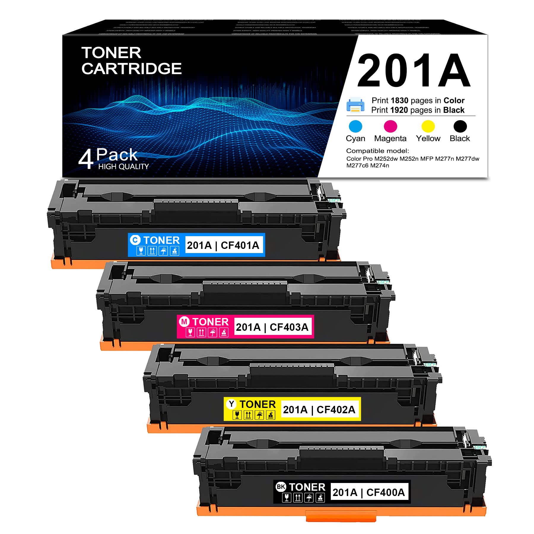 ETECHWORK 4-Pack High Yield Toner Cartridge (1BK+1C+1M+1Y) - Compatible with HP Color Pro M252dw/M252n/MFP M277 Series Printers - Replacement for CF400AQ1/CF400A/CF401A/CF402A/CF403A - Perfect for Office Printing & Small Business Documents