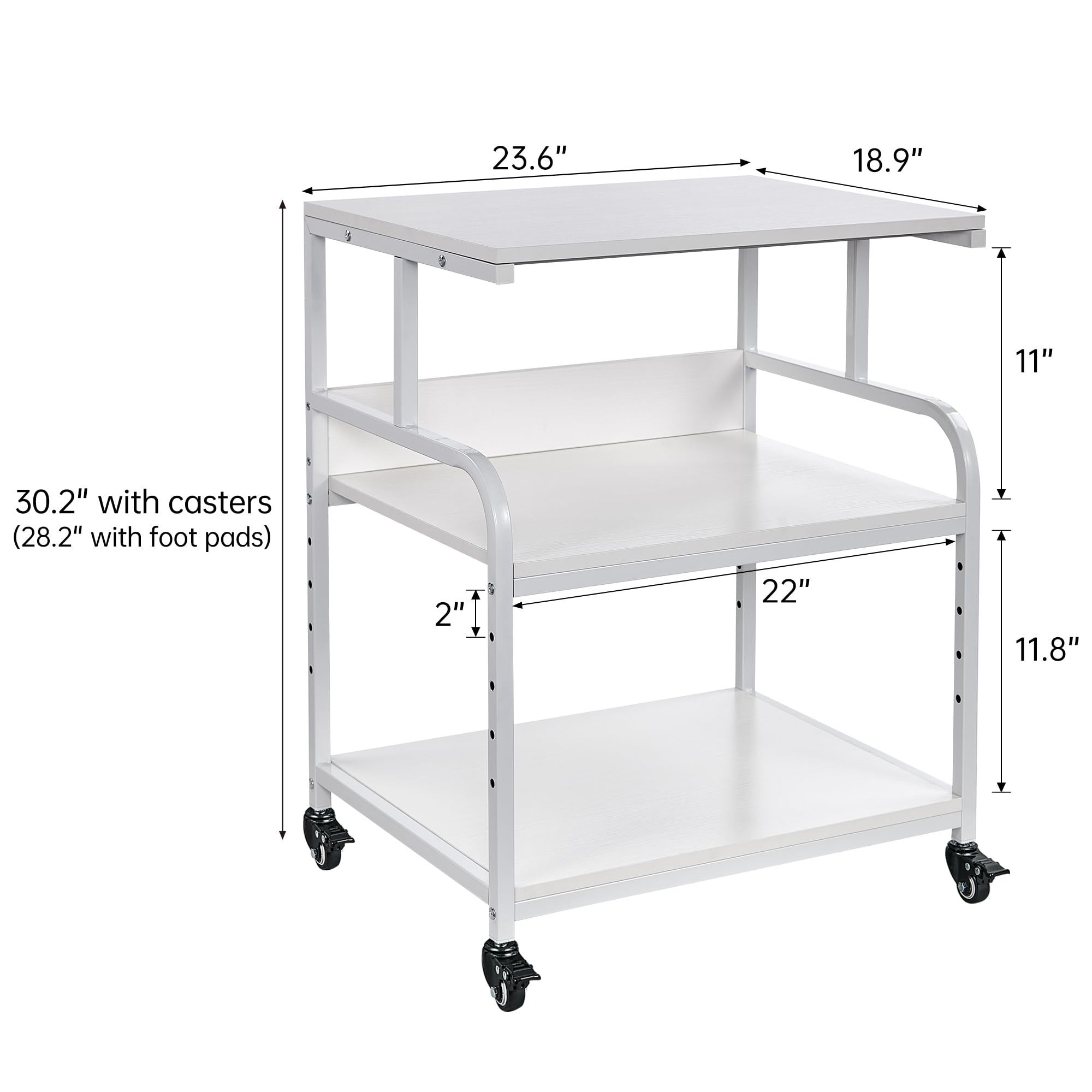 White Printer Stand 23.6x18.9x30 Inches - Adjustable 3-Tier Rolling Cart with Wheels for Home Office Storage | Heavy Duty Printer Table for HP, Epson, Canon Printers | Perfect for Small Spaces & Workspace Organization