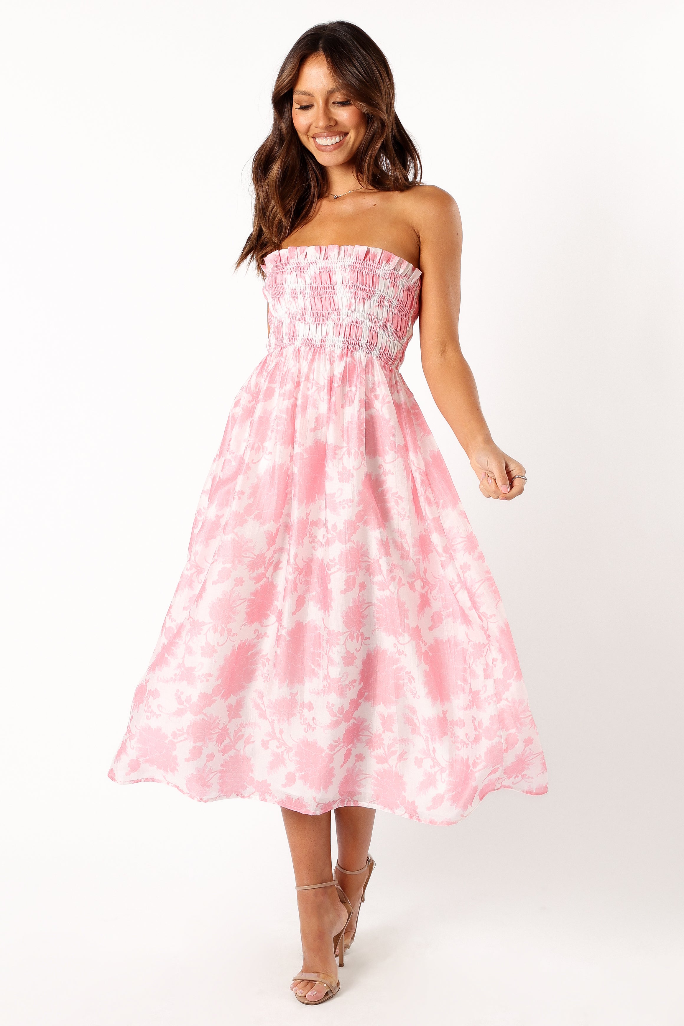 Carter Strapless Midi Dress - Floral Print Summer Dress for Women, Pink Floral Party Dress for Wedding, Cocktail, Date Night & Special Occasions