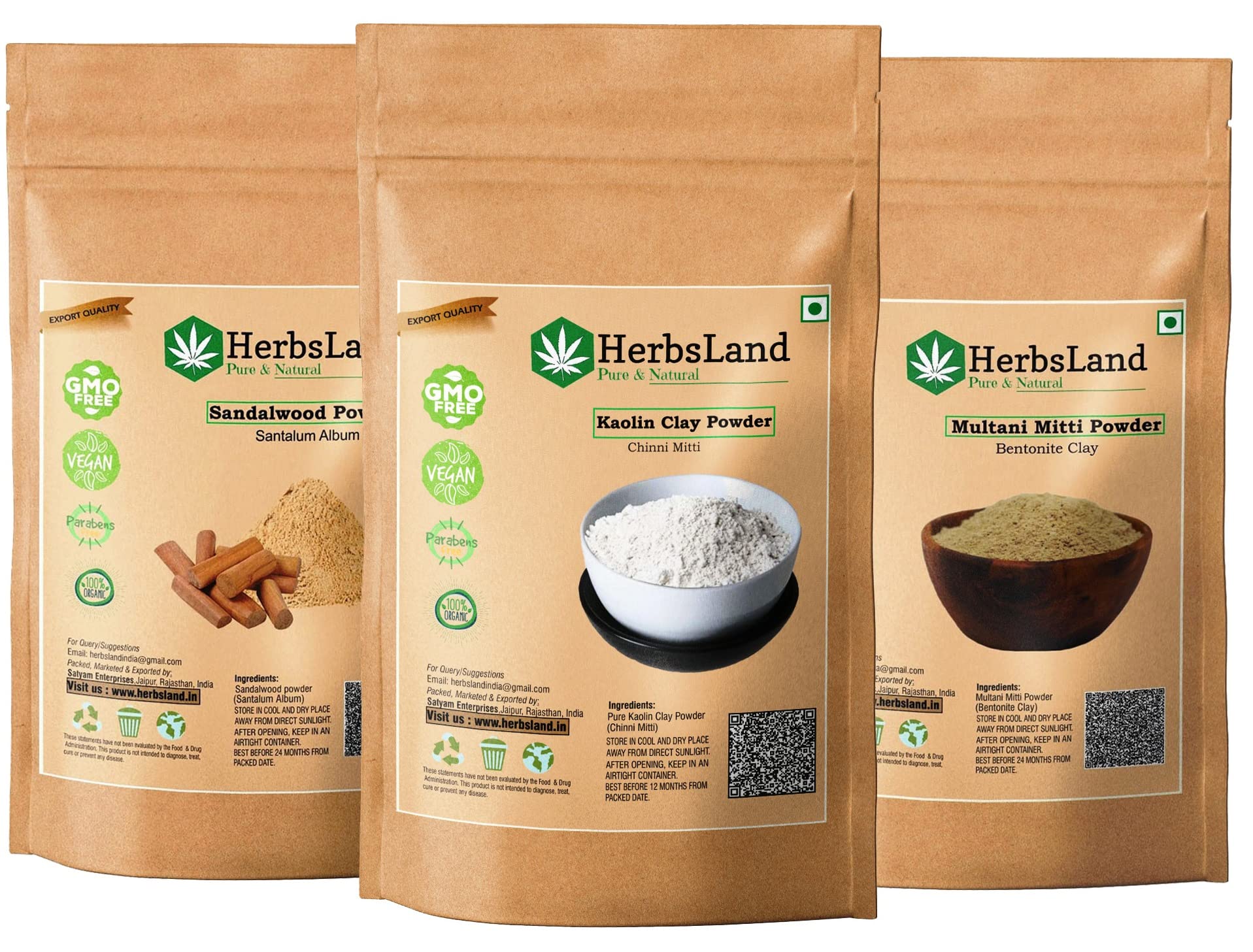 HerbsLand Premium Natural Chinni Mitti (Kaolin Clay) Powder, Sandalwood Powder & Multani Mitti Powder - 100g Each | Organic Face & Skin Care Treatment for Acne, Glowing Skin & Detox | DIY Beauty Masks & Ayurvedic Remedies