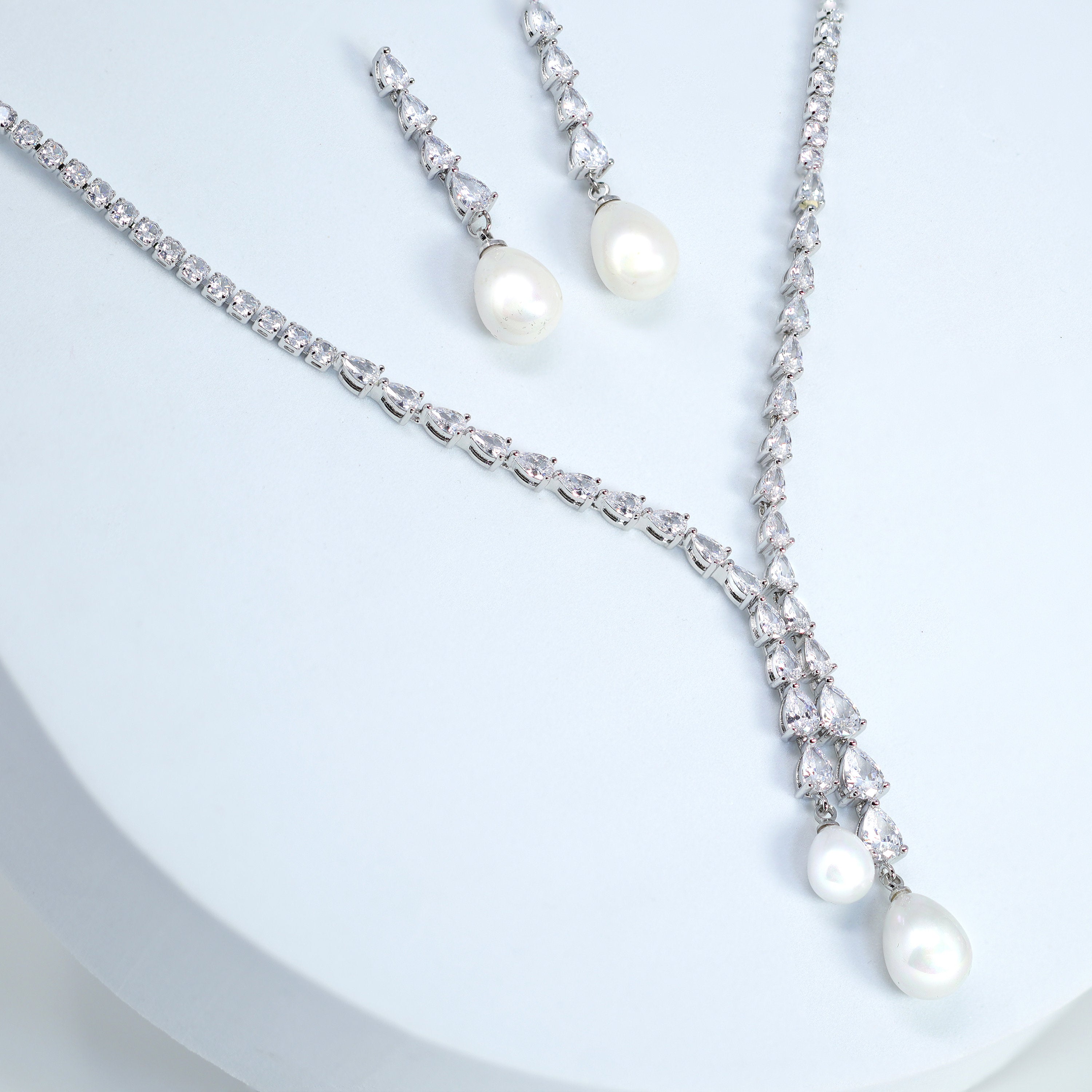 Elegant 2 Pearl Drops V Necklace Set - Dainty Bridal Jewelry for Women, Minimalist Cubic Zirconia Necklace Gift for Her, Bridesmaid, Wedding, Anniversary | Perfect for Bridal Shower, Engagement Party & Special Occasions
