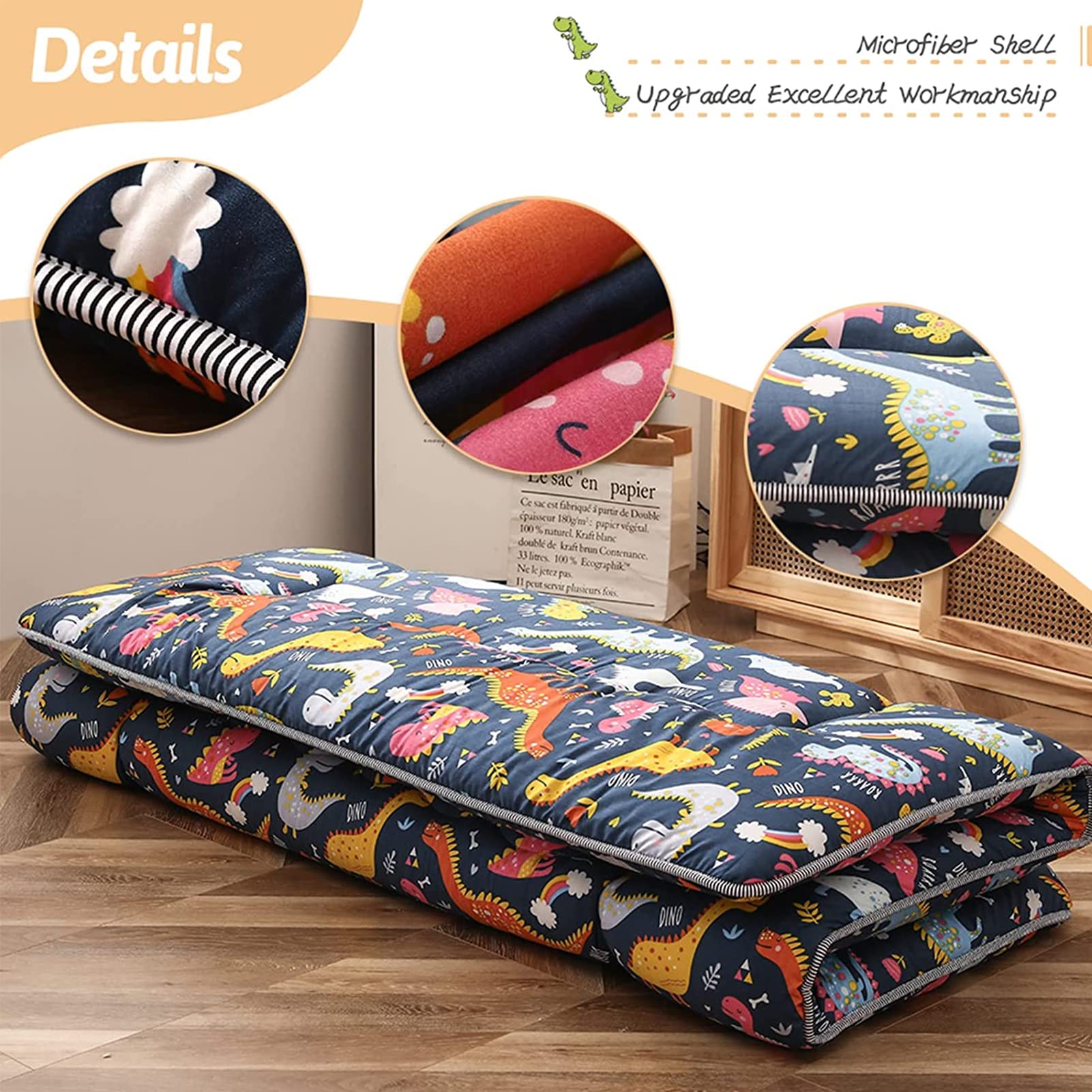 Dinosaur Themed Japanese Floor Futon Mattress for Kids - Thick Tatami Sleeping Pad, Foldable Bed Roll, Floor Lounger for Boys & Girls - Queen Size for Bedroom, Playroom & Sleepovers