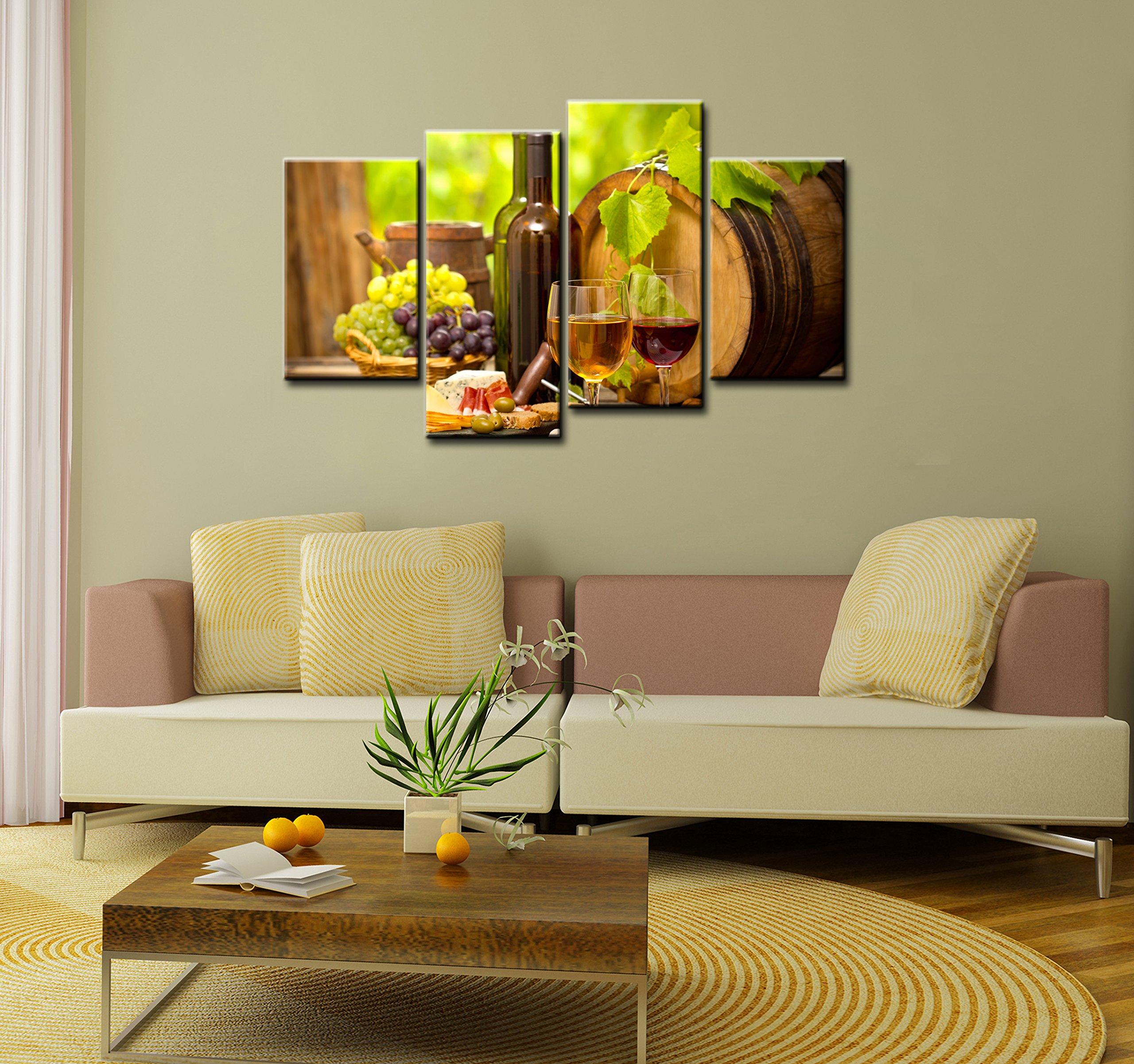 French Oak Wine Barrel & Food Paintings - 4 Piece Canvas Wall Art Set for Modern Home Decor | Perfect for Dining Room, Kitchen & Wine Cellar Decorations