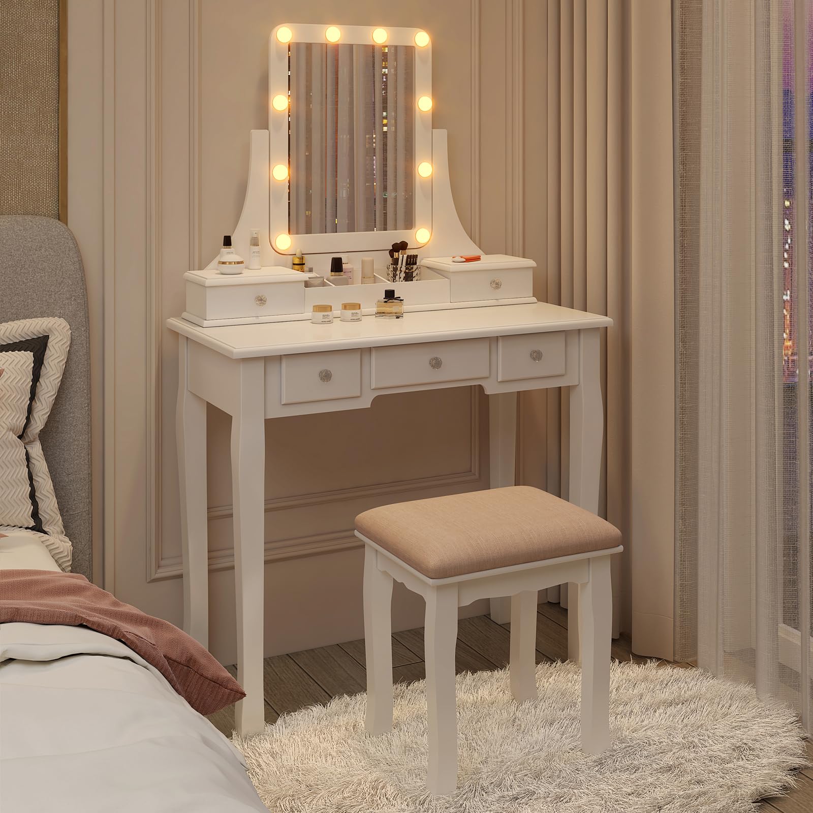 White Vanity Table with Lights & 5 Drawers - 360° Rotating Mirror Makeup Vanity Set for Bedroom, Dressing Room & Beauty Salon | LED Illuminated Vanity Desk with Storage
