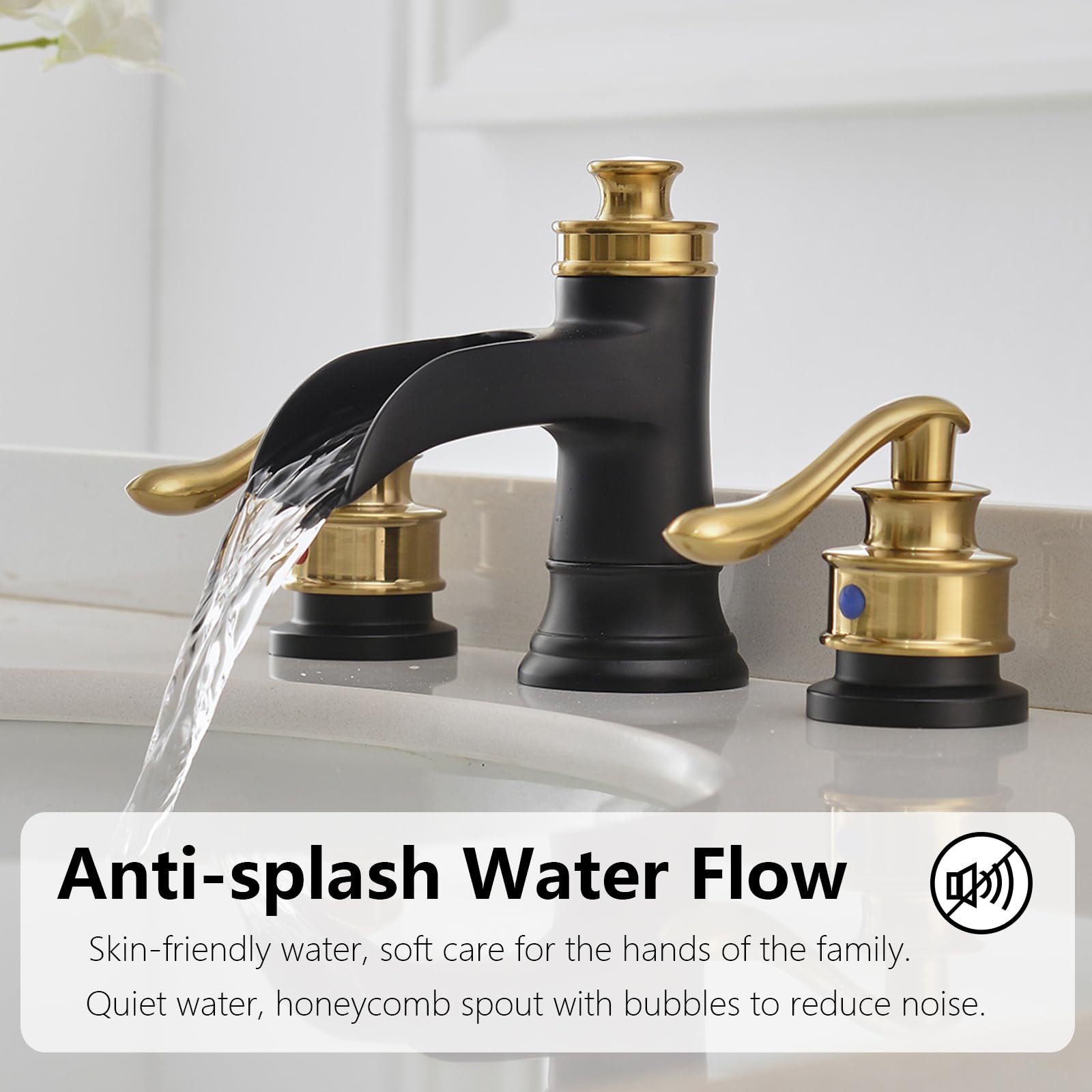 Black Gold Widespread Bathroom Faucet - 3 Hole Waterfall Sink Faucet with 2-Handle Design & Pop-Up Drain - Farmhouse Vanity Lavatory Set with Overflow - Perfect for Modern & Rustic Bathroom Decor