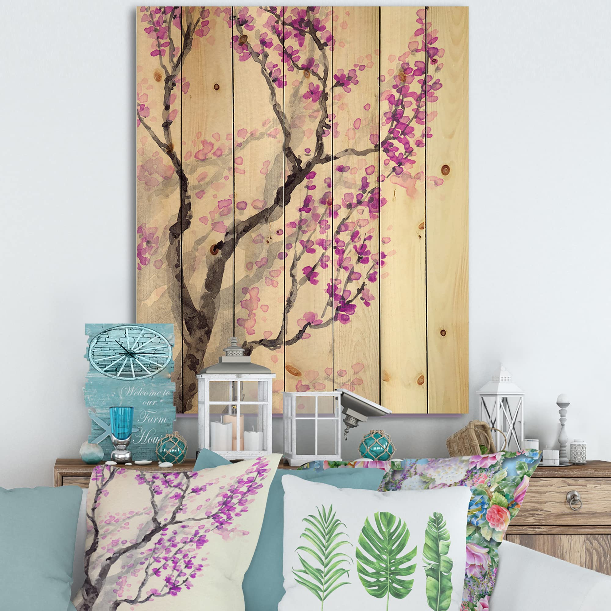 Spring Purple Flowers on Tree Branches - Traditional Wood Wall Decor, Large Floral Wood Wall Art Panel Printed on Natural Pine - Perfect for Living Room, Bedroom & Office Decoration