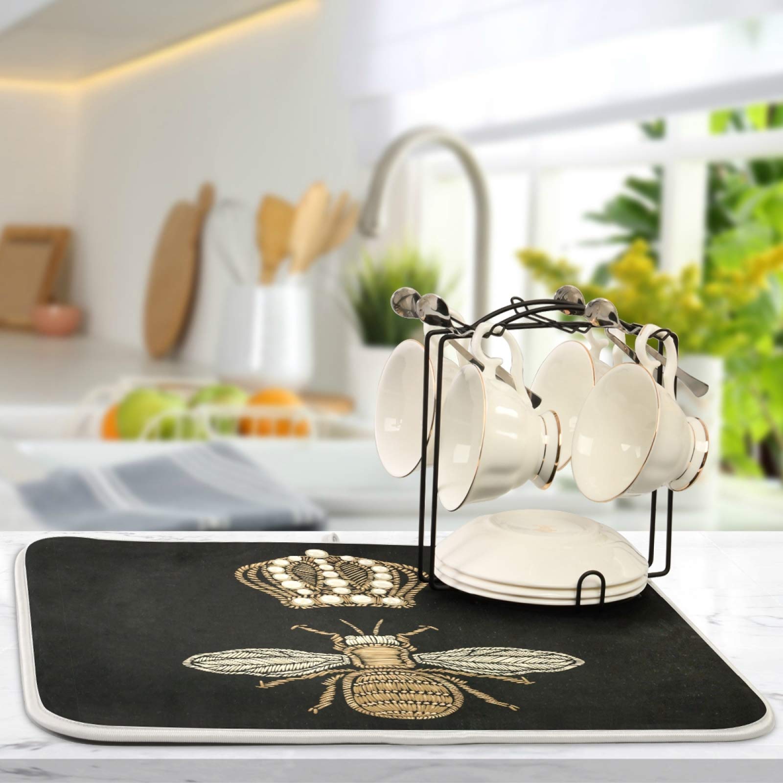 Susiyo Gold Bee and Crown Microfiber Dish Drying Mat - Super Absorbent, Machine Washable, Fast Drying, Heat-Resistant Kitchen Counter Dish Drainer (16x18 Inch) - Perfect for Drying Dishes, Protecting Countertops & Organizing Kitchen