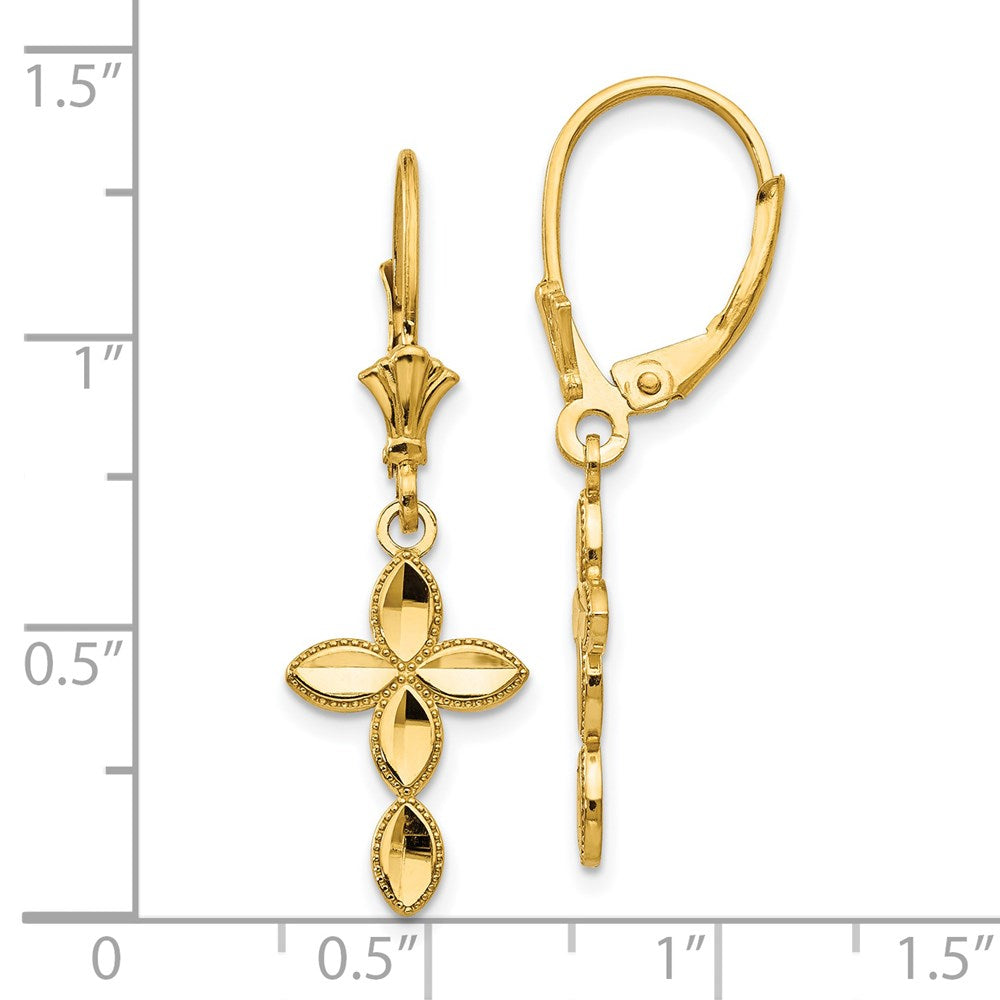 14K Gold Diamond Cut Cross Leverback Earrings TF1770 - Elegant Religious Jewelry for Women, Perfect for Church, Weddings & Special Occasions