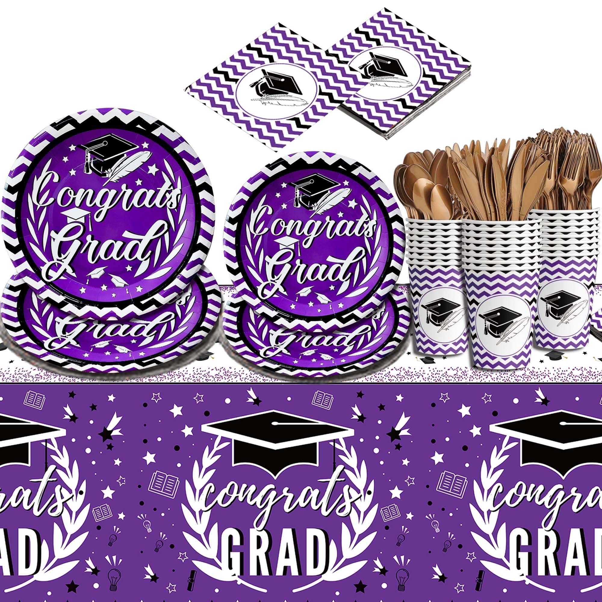KatchOn 2024 Graduation Party Supplies Kit - 176-Piece Set (Plates, Napkins, Cups, Tablecloth) for 25 Guests | Purple Graduation Decorations 2025 | Perfect for High School & College Grad Parties, Commencement Celebrations & Graduation Dinners