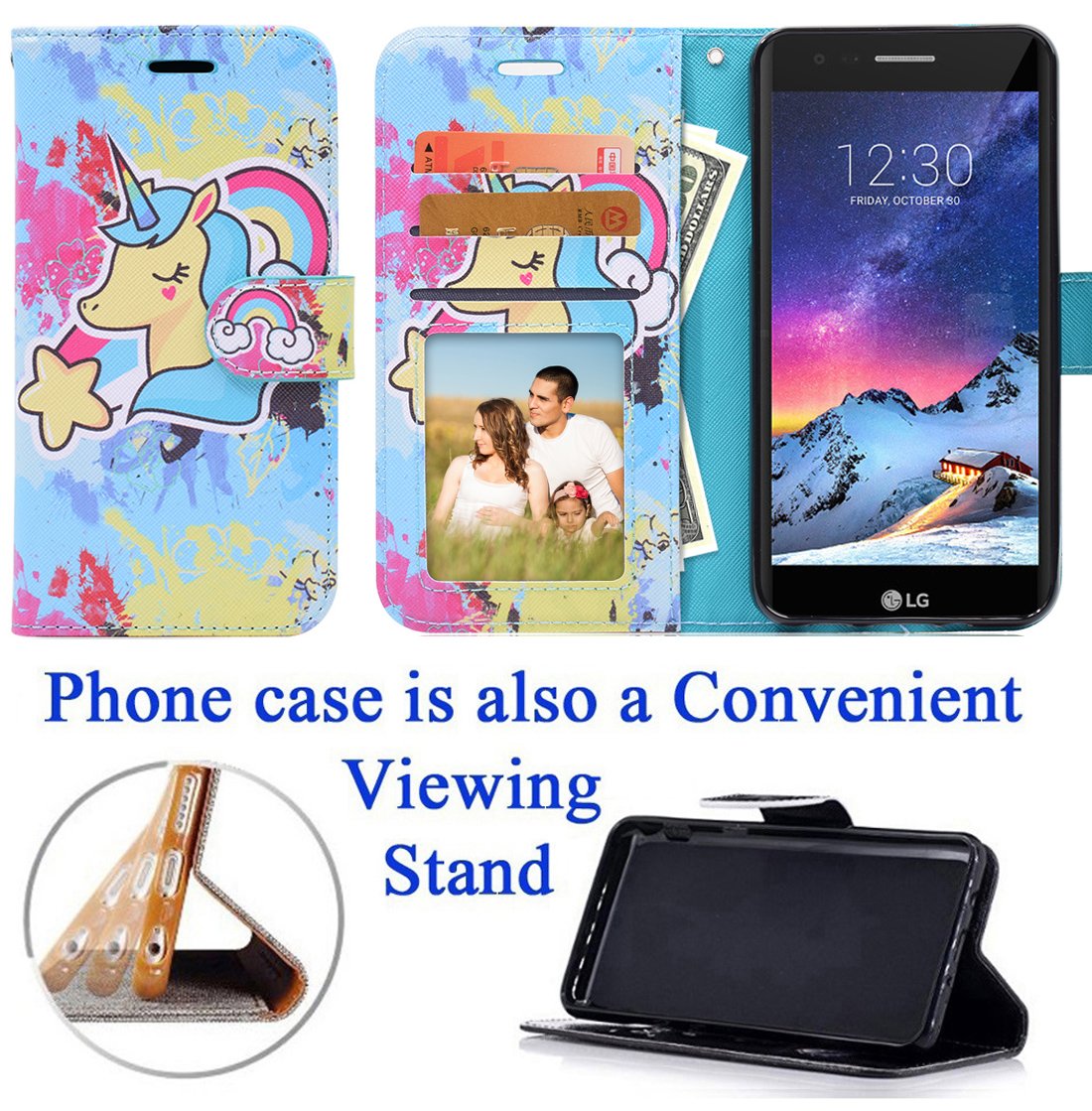 2018 LG Aristo 2 Zone 4 Case - Unicorn Star Design, Wallet Grip, Textured Fold, Kick Stand, Hybrid Pouch with Card Pocket, Flip Cover for Everyday Use and Travel