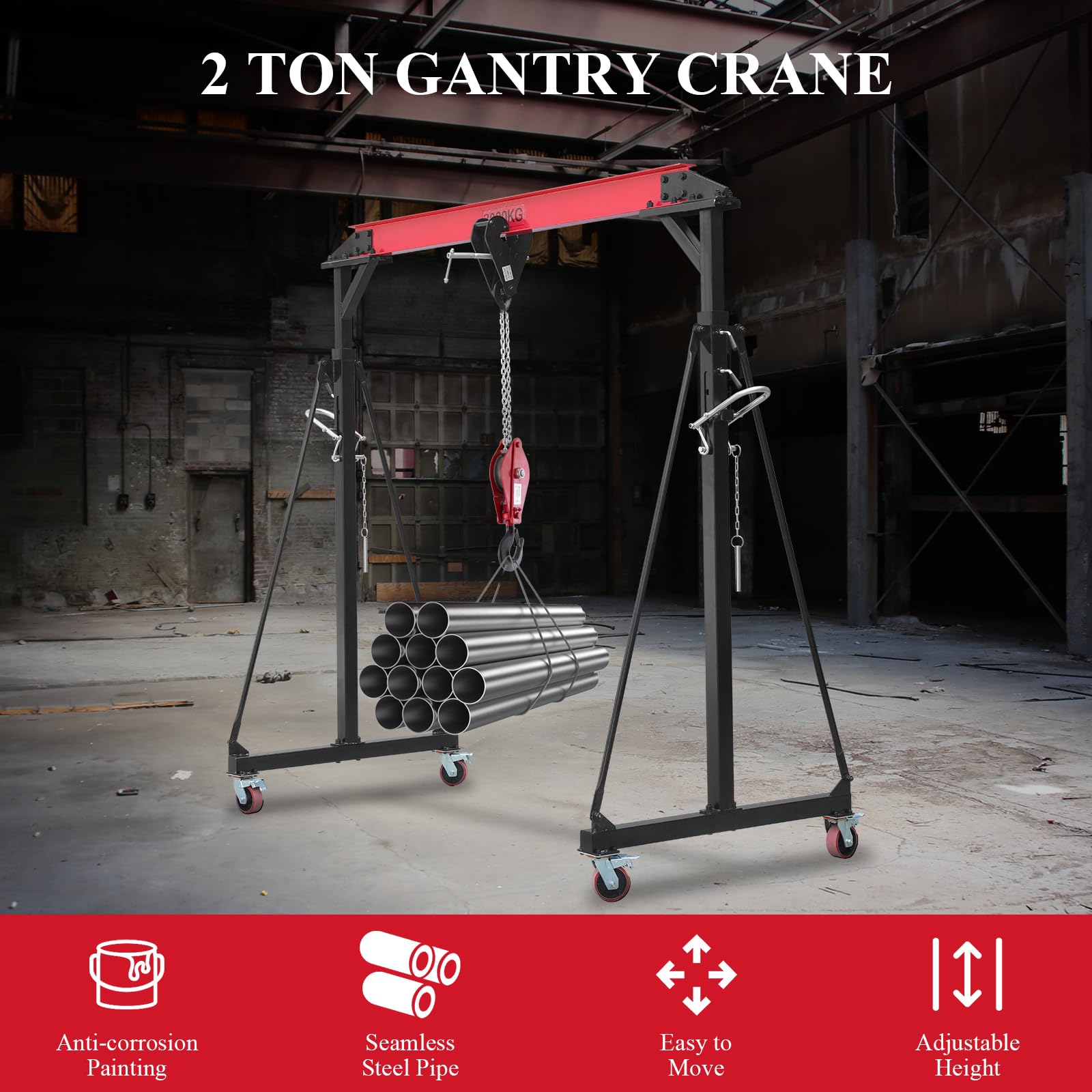 2 Ton Adjustable Gantry Crane - 4400 lbs Capacity Heavy Duty Portable Hoist with 100.4