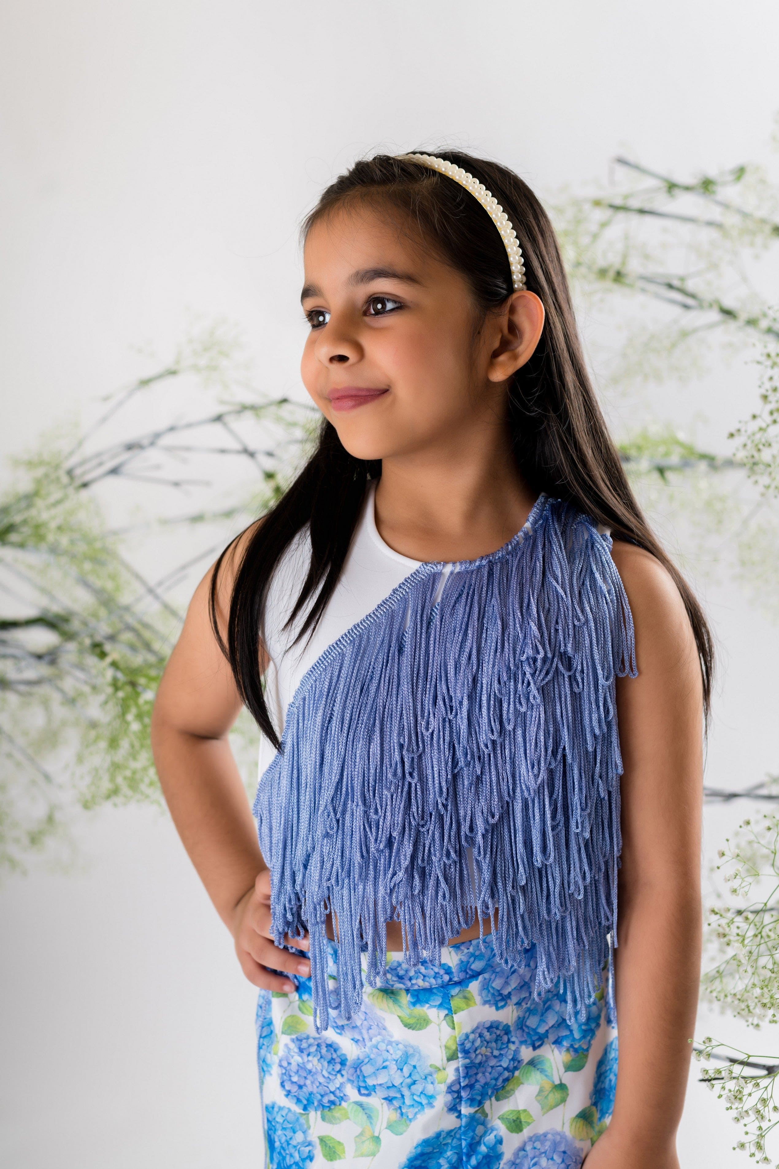 Pre Order: Blue Fringe Top with Floral Printed Pant - Stylish Boho Outfit for Summer Festivals & Beach Vacations