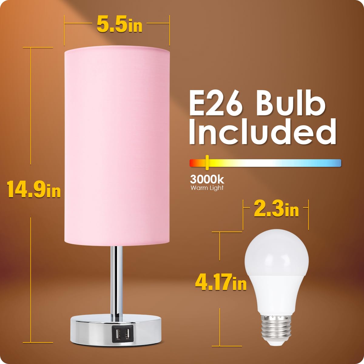 Yarra-Decor 3-Way Dimmable Touch Control Bedside Lamp with USB Port - Round Pink Fabric Shade Nightstand Lamp for Bedroom, Living Room, Dorm & Home Office (LED Bulb Included) | Perfect for Reading, Working & Creating Cozy Atmosphere