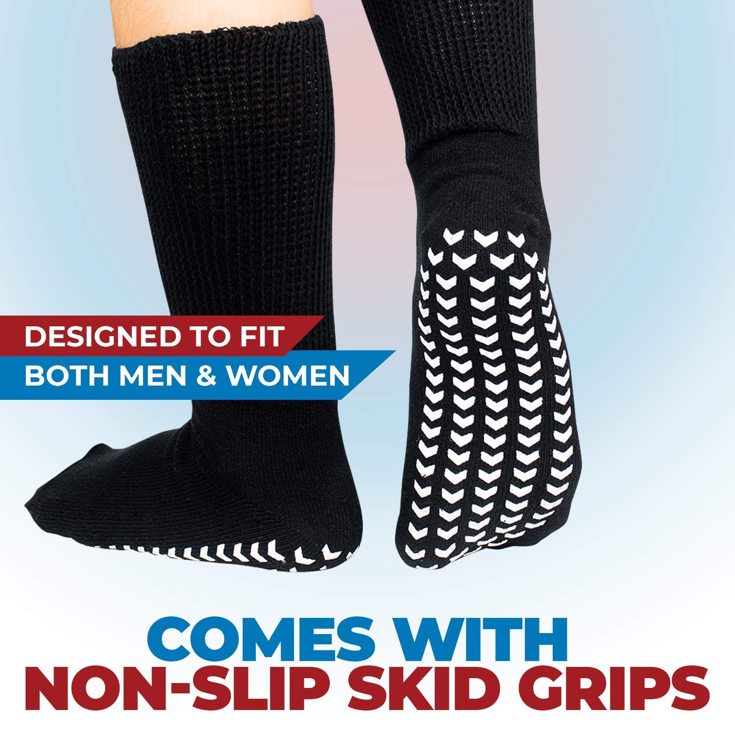 Non-Slip Grip Socks for Men & Women - Hospital Socks with Anti-Skid Soles for Elderly & Diabetic Patients (Size 9-12, Extra Wide Fit for Swollen Feet) - 4 Pairs Black - Perfect for Hospital Stay, Home Recovery and Fall Prevention