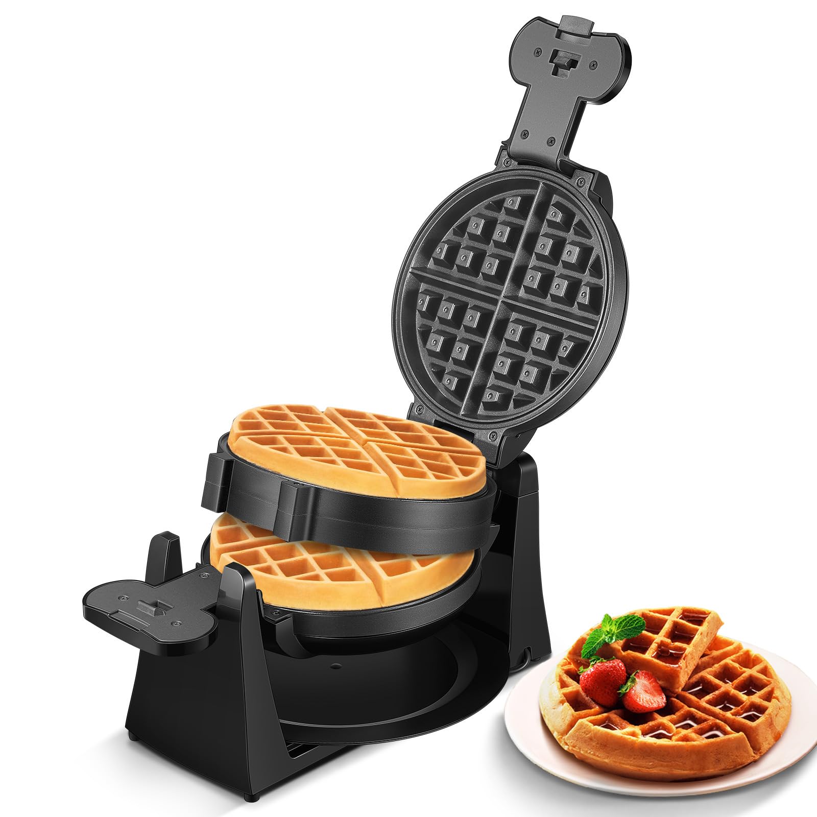 1400W Double Belgian Waffle Maker - 180° Flip Rotating Nonstick Plates, Makes 8 Slices in 3 Mins - Anti-Scald Design with Removable Drip Tray & Cool Touch Handle - Easy to Clean & Space-Saving Storage (Black) - Perfect for Breakfast, Brunch, Parties & Family Gatherings