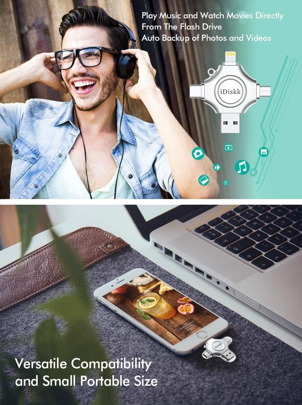 iDiskk 1000GB Photo Stick for iPhone - 4-in-1 Lightning USB Flash Drive, External Memory Storage for iPhone iPad - Compatible with iPhone USB-C, Android, Mac & PC - Perfect for Backing Up Photos, Videos & Files On The Go