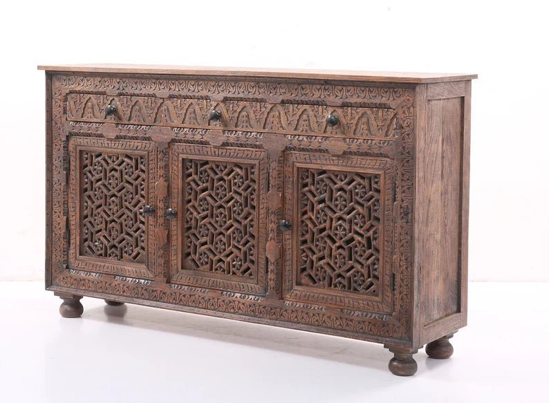 Brown Wooden Carved 3-Door 3-Drawer Sideboard Buffet Table - Rustic Dining Room Storage Cabinet for Kitchen, Living Room & Entryway