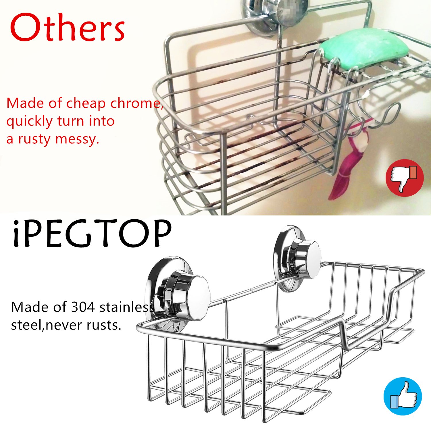 iPEGTOP L-4 Strong Suction Cup Shower Caddy - Rustproof Stainless Steel Bathroom Organizer for Shampoo, Soap, Conditioner & Razor Storage - Perfect for Small Spaces & Clutter-Free Showers