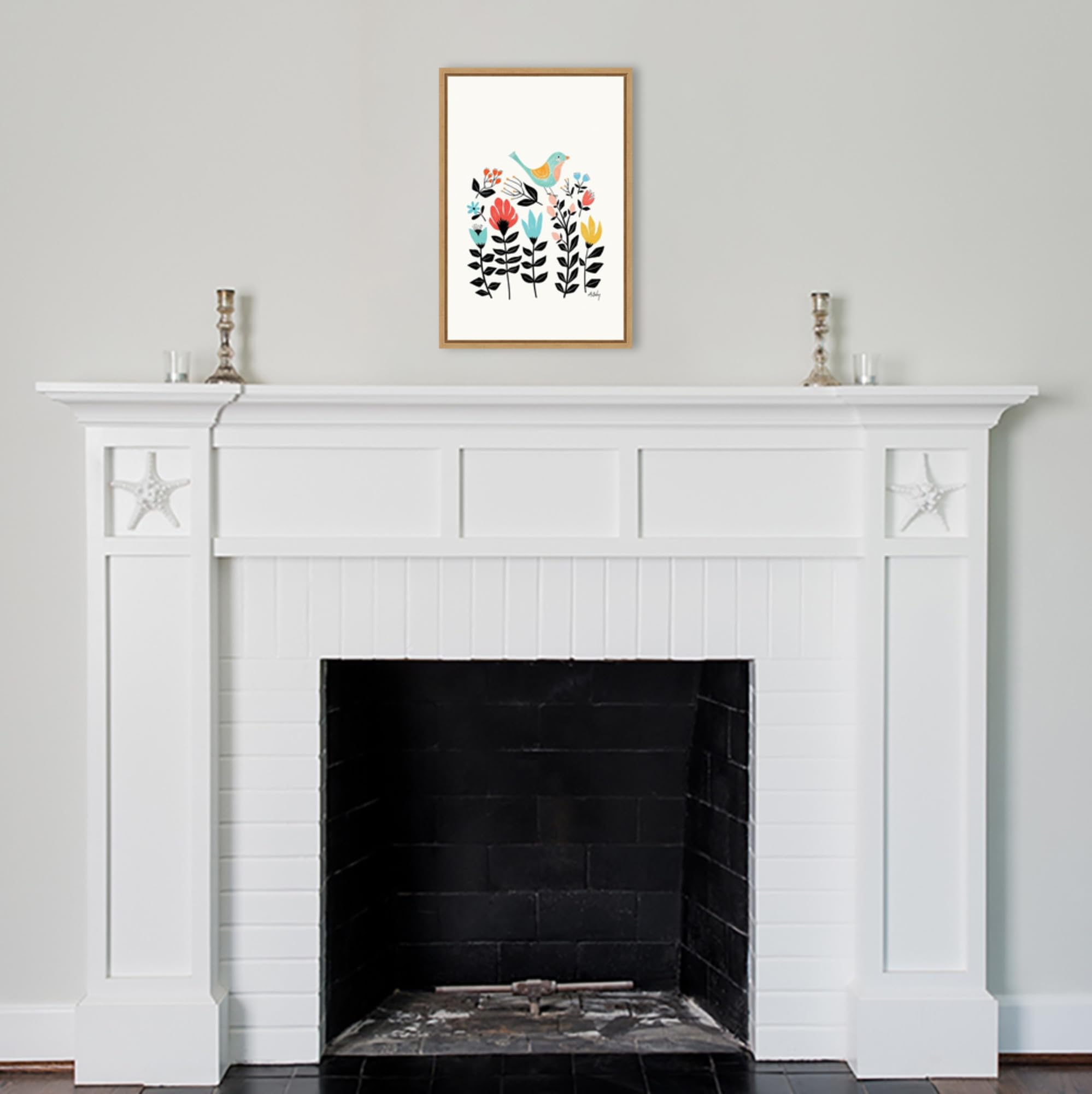 Amanti Art Framed Canvas Wall Art - 23x16 Folk Art Garden (Bird) by Annie Bailey - Modern Animal Artwork for Home Decor - Perfect for Living Room, Bedroom & Bathroom - Handmade Framed Poster Painting for Wall Decoration