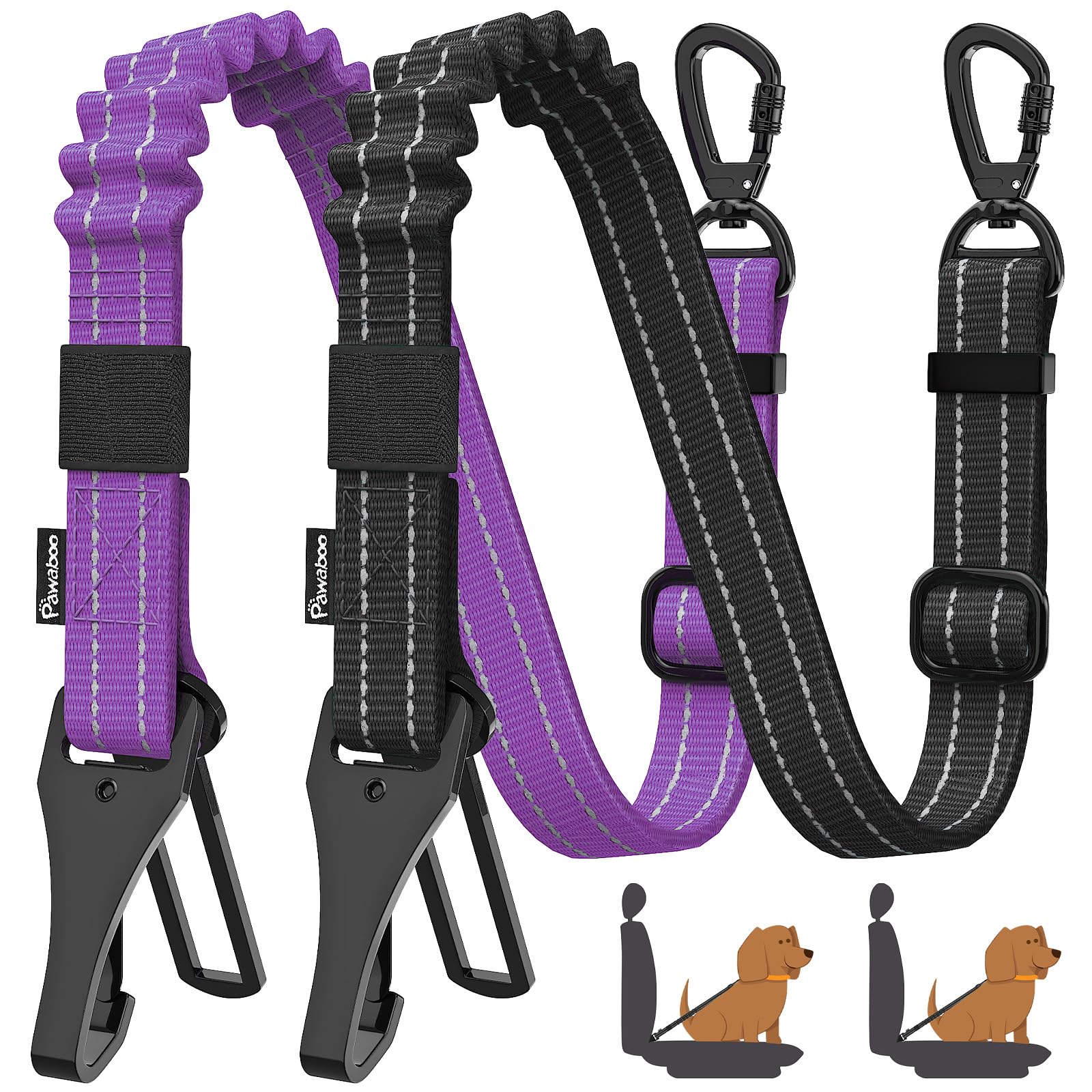 Pawaboo 2-Pack Adjustable Reflective Dog Car Seat Belt with Shockproof Bungee, 360° Lockable Buckle & Hook Latch - Purple | Safe Pet Travel Harness for Cars, SUVs & Road Trips | Perfect for Small to Medium Dogs