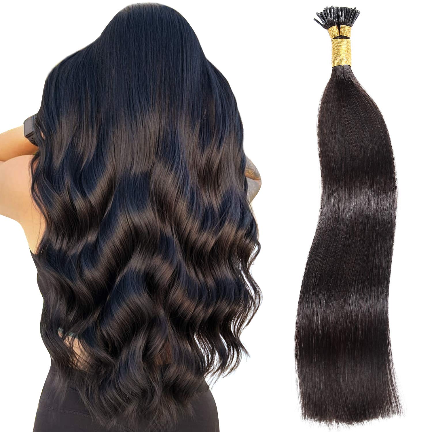 20 Inch I-Tip Human Hair Extensions - 100g Real Hair (1g/Strand) #1B Natural Black for Seamless Blending & Styling - Perfect for Weddings, Parties & Daily Wear