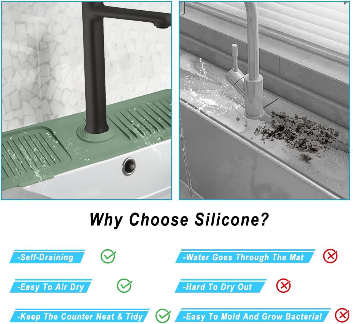 **Premium Silicone Sink Splash Guard & Faucet Mat – Non-Slip, Absorbent Kitchen & Bathroom Sink Accessories – Sponge Holder & Water Splash Protector (Green) – Perfect for Washing Dishes, Brushing Teeth & Keeping Countertops Dry**