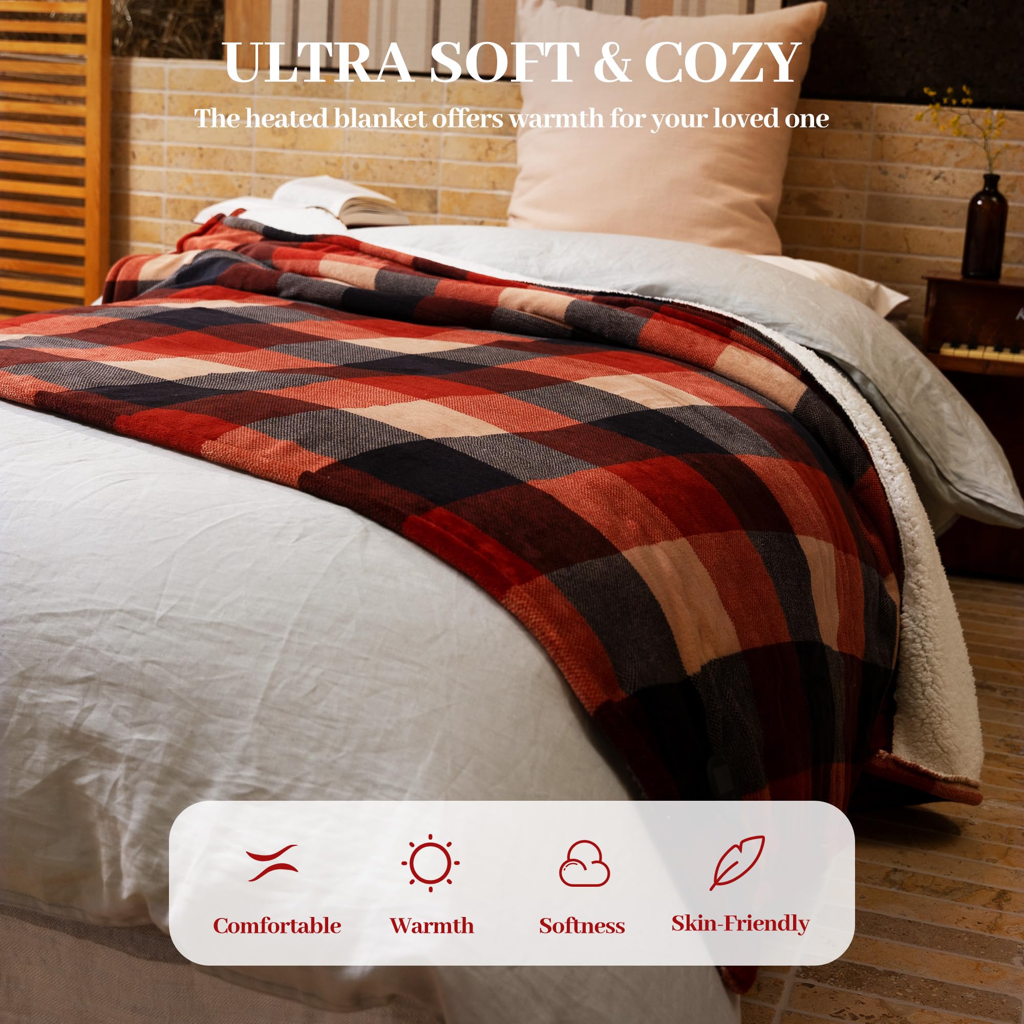 GOTCOZY 50''x60'' Electric Heated Throw Blanket - 10 Heat Levels & 9 Timer Settings, One-Touch Control, Machine Washable (Red/Black) - Perfect for Winter Warmth, Bedroom Comfort & Cozy Movie Nights
