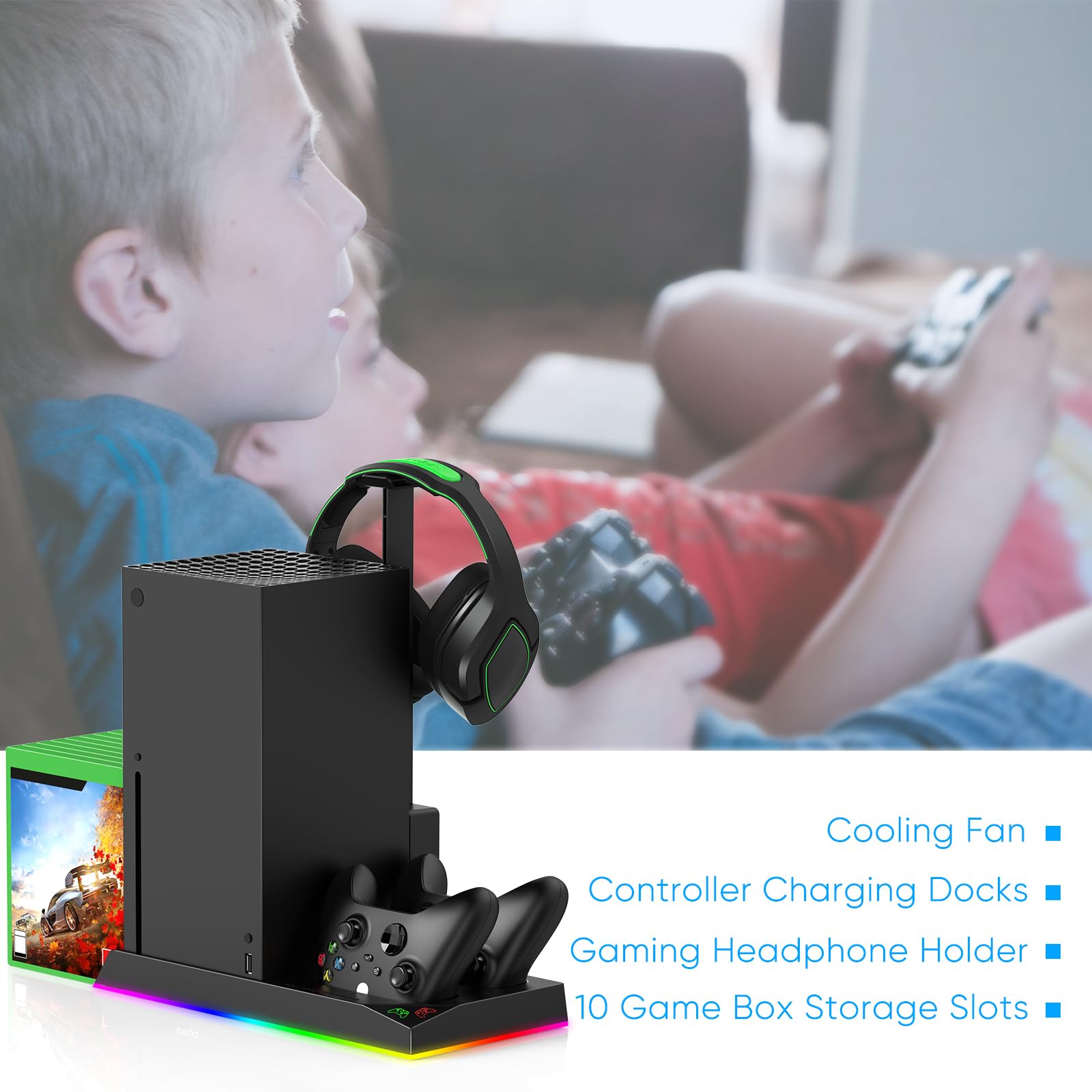 Upgraded Xbox Series X Stand with Cooling Fan & RGB Lights - Charging Station, Controller Dock, Game Storage Rack & Headset Stand - Includes 2X1400mAh Rechargeable Batteries - Perfect for Gaming Setup & Console Organization