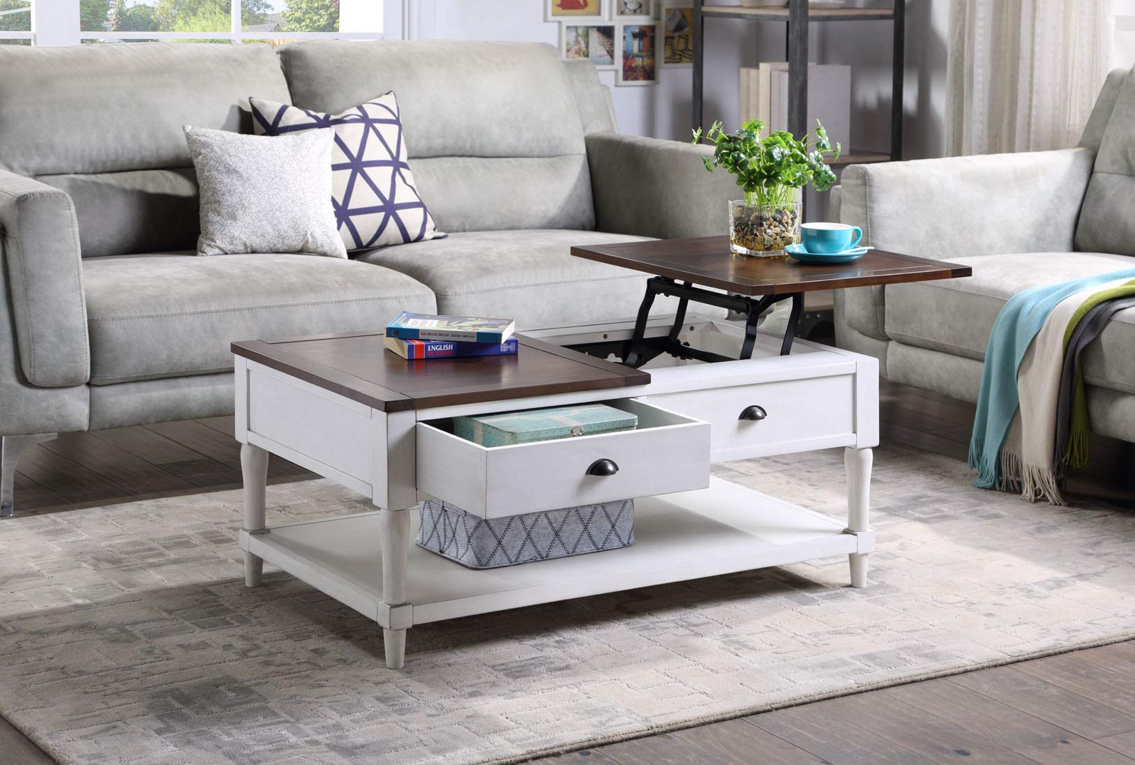 Lift Top Coffee Table with Drawer and Shelf - Solid Wood End Table for Living Room, Bedroom, or Office - White & Brown Modern Design - Perfect for Small Spaces, Storage & Stylish Home Decor